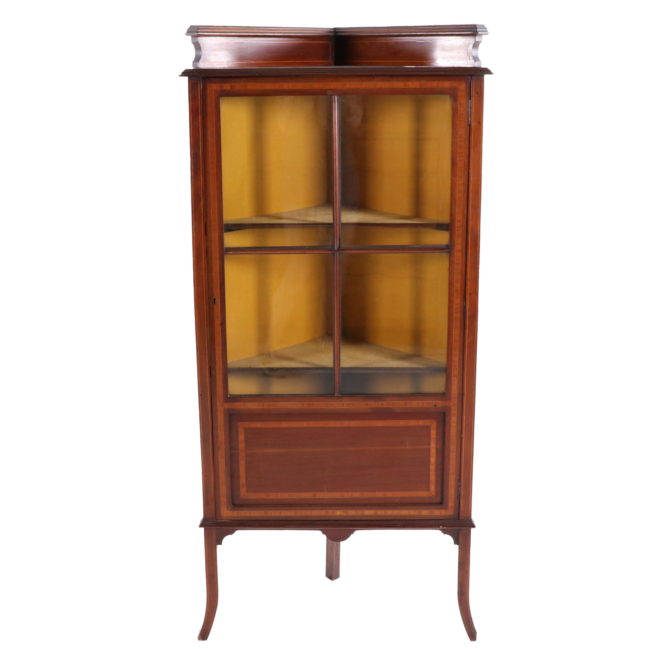 Regency Style Mahogany and Satinwood Corner Curio Cabinet, circa 1920s