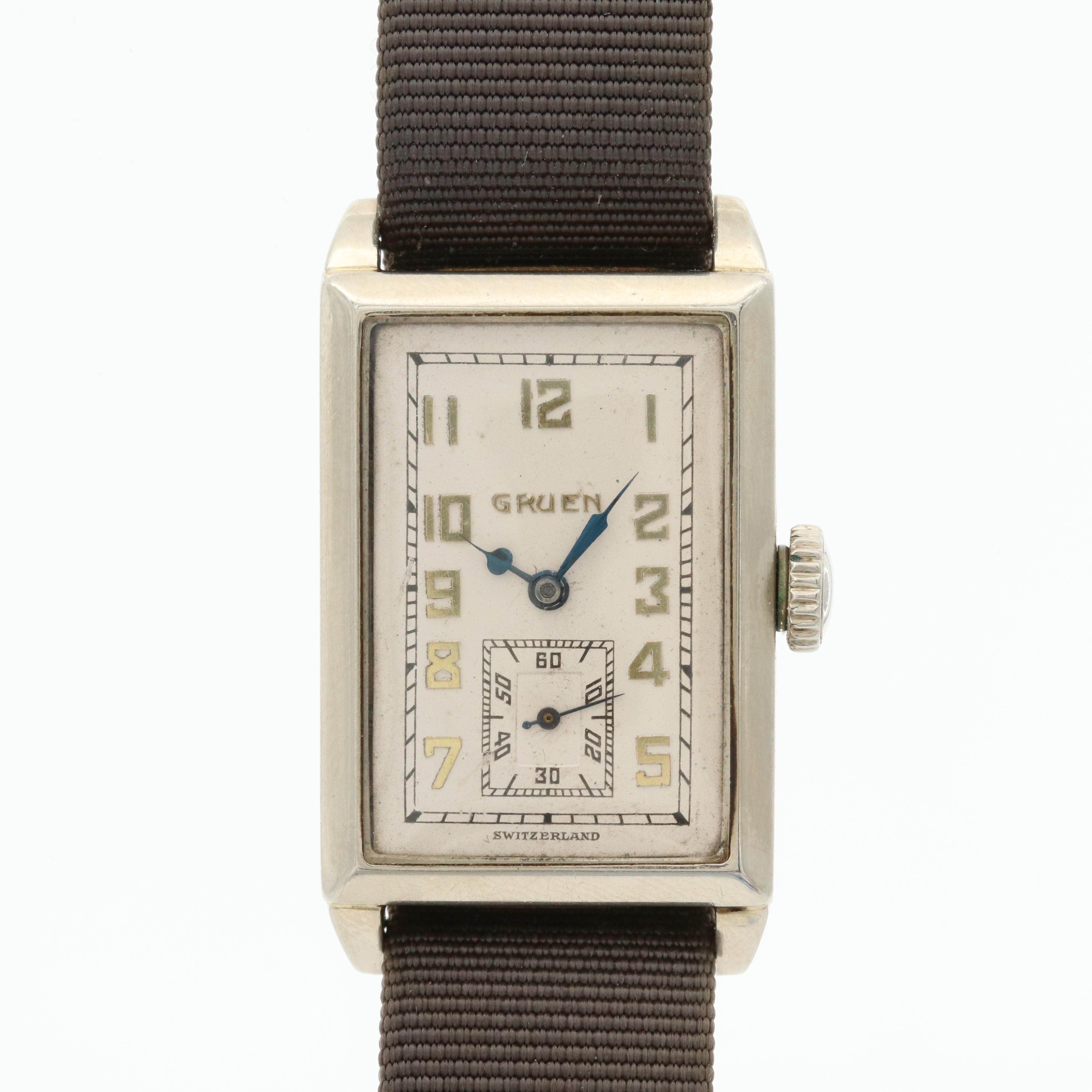 Vintage Gruen 14K White Gold Filled Quadron Watch, Circa 1920's