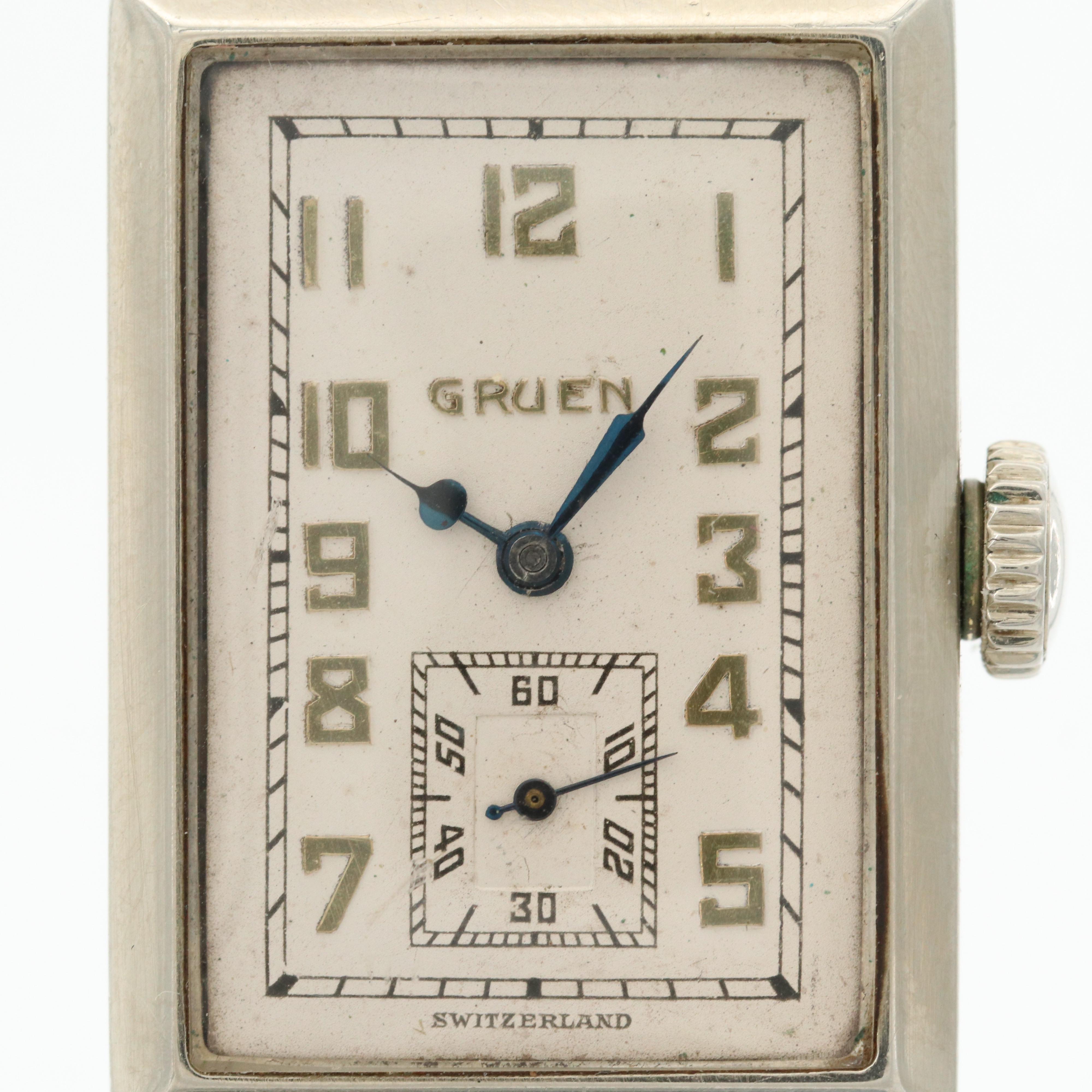 Vintage Gruen 14K White Gold Filled Quadron Watch, Circa 1920's