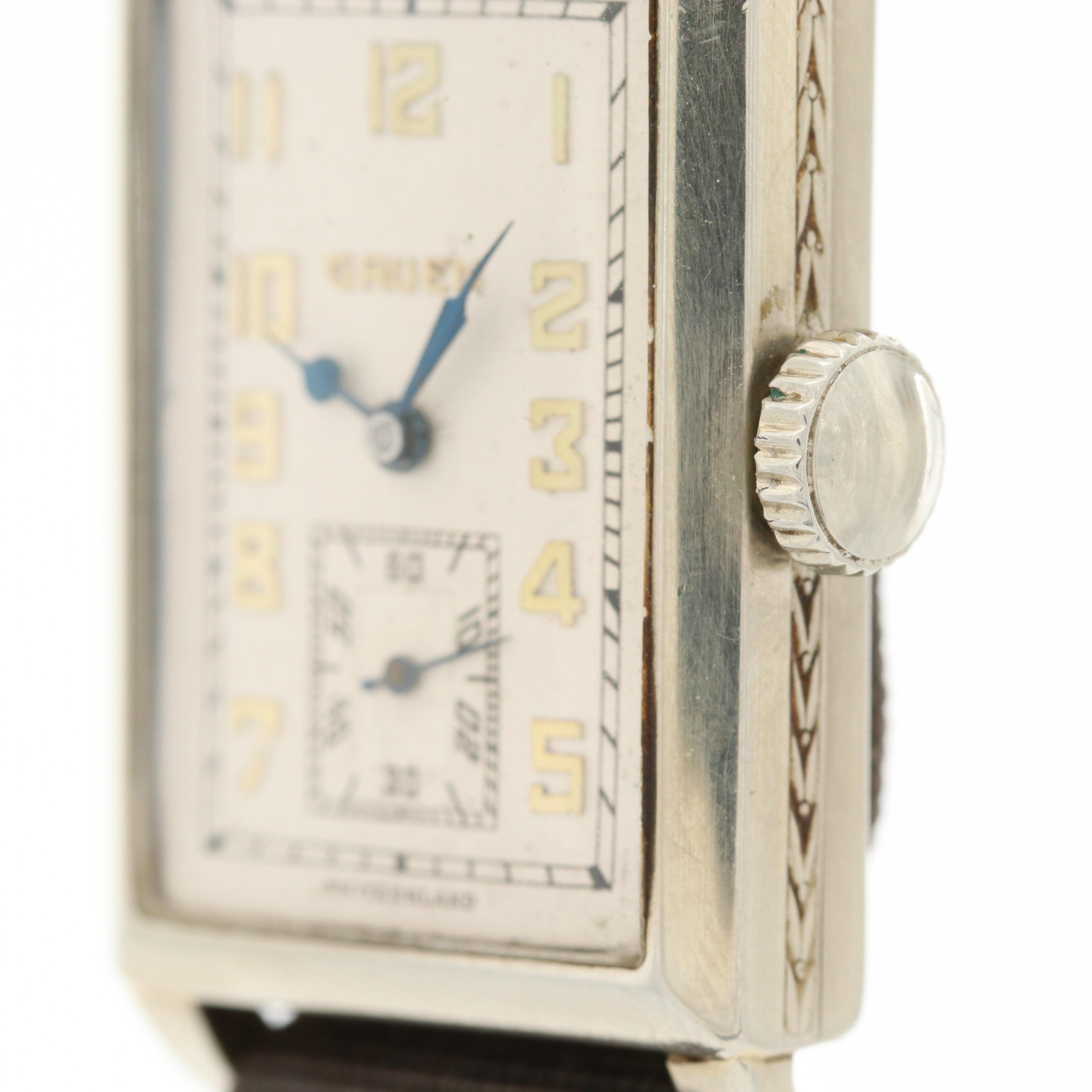 Vintage Gruen 14K White Gold Filled Quadron Watch, Circa 1920's
