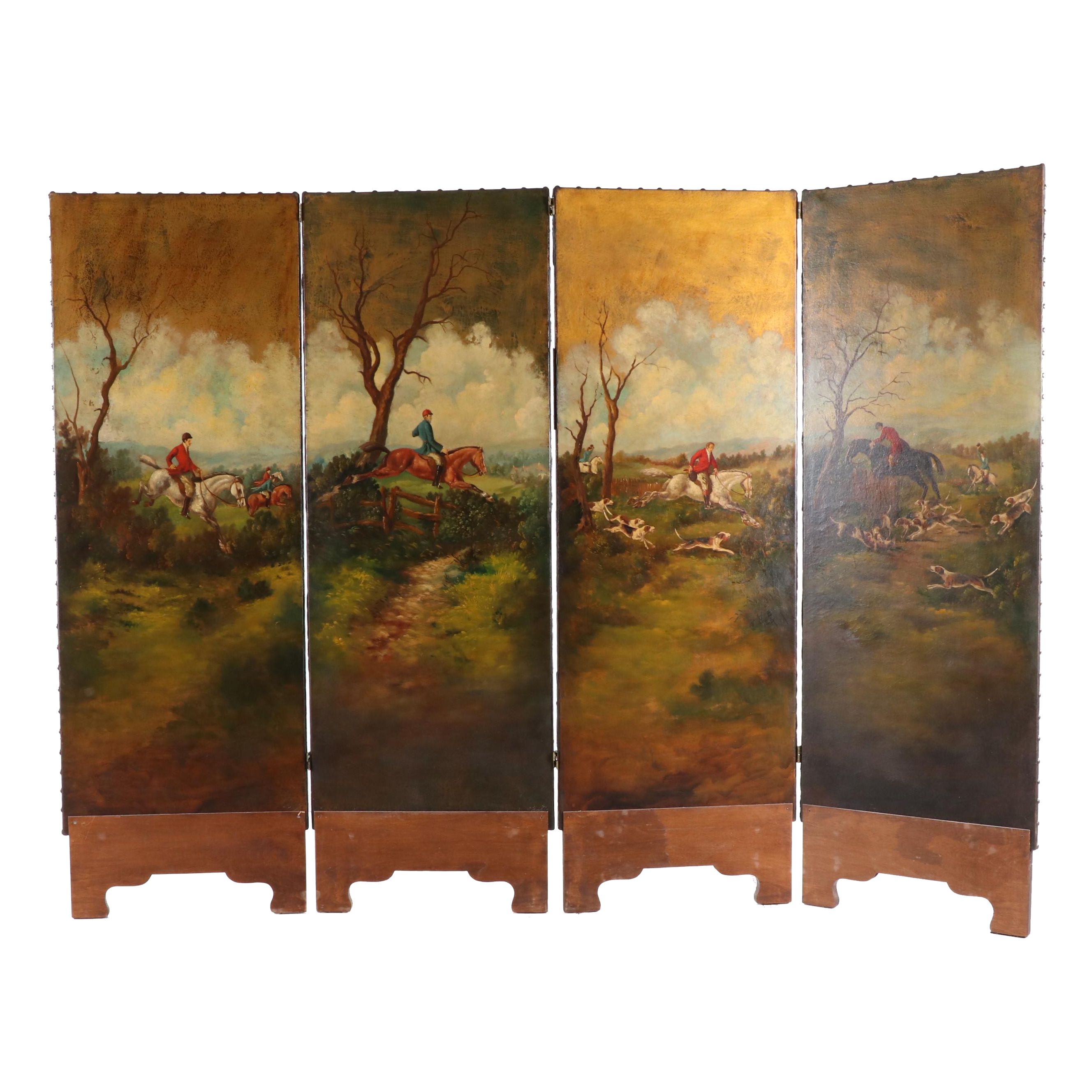 Hand-Painted English Hunt Scene Room Divider, Early - Mid 20th Century