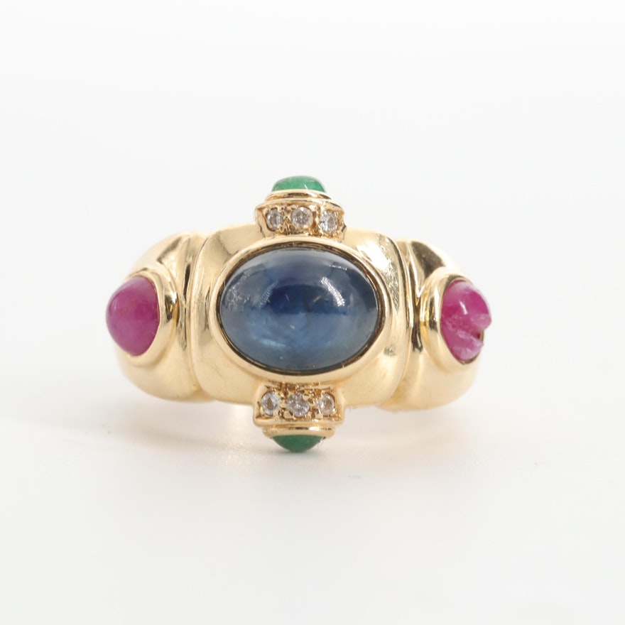 14K Yellow Gold Sapphire, Emerald and Ruby Ring