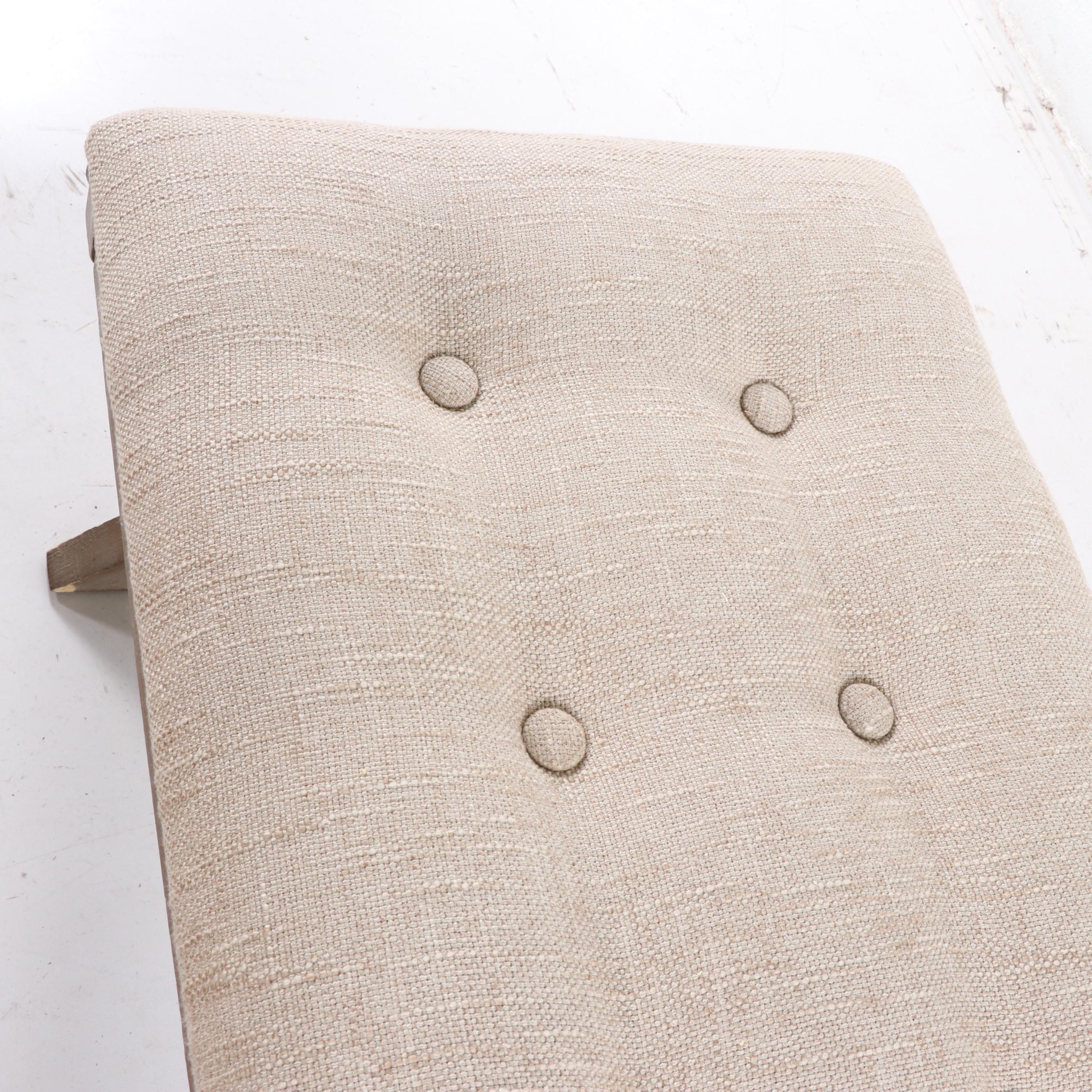 Contemporary Tufted Linen Upholstered "X" Bench with Driftwood Finish