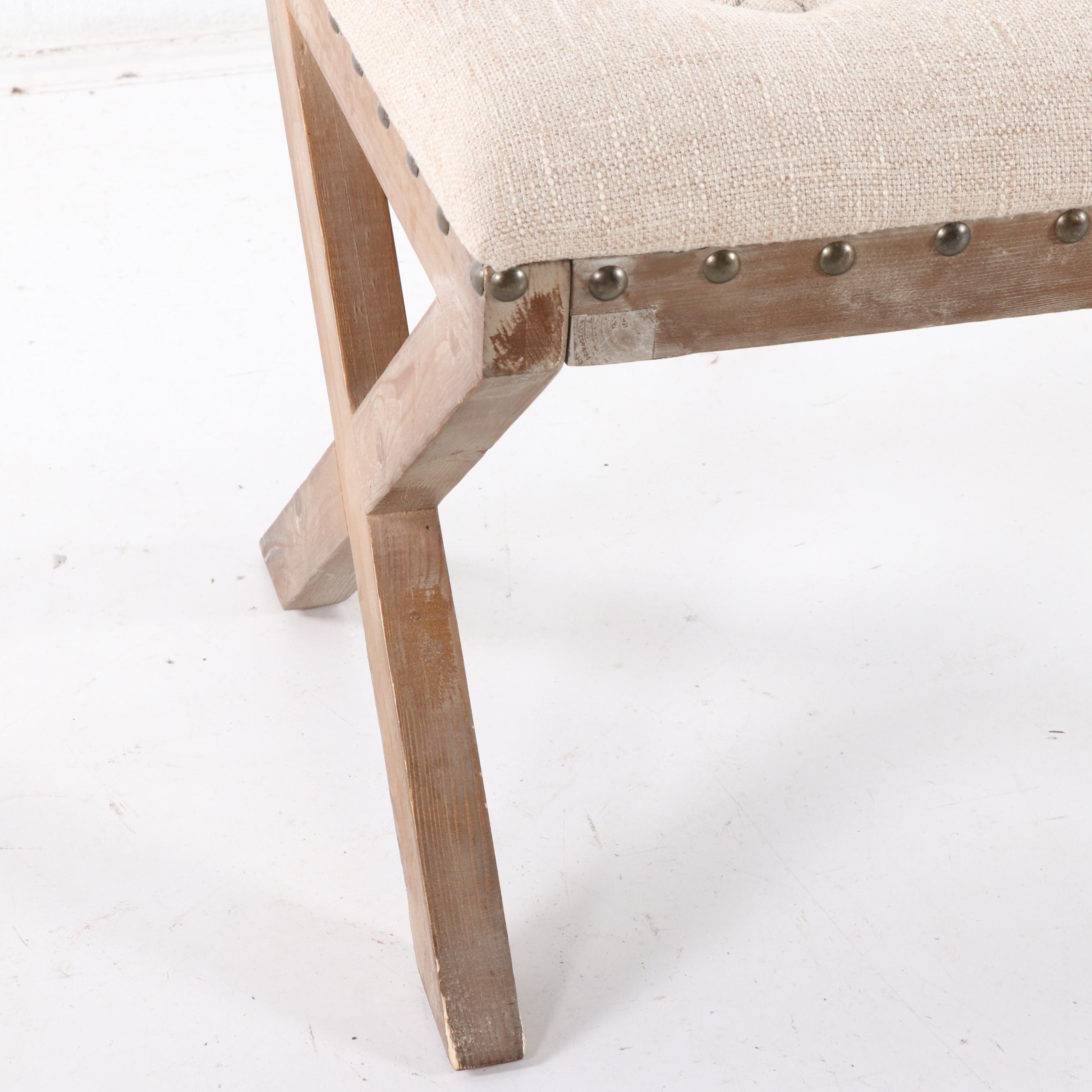 Contemporary Tufted Linen Upholstered "X" Bench with Driftwood Finish