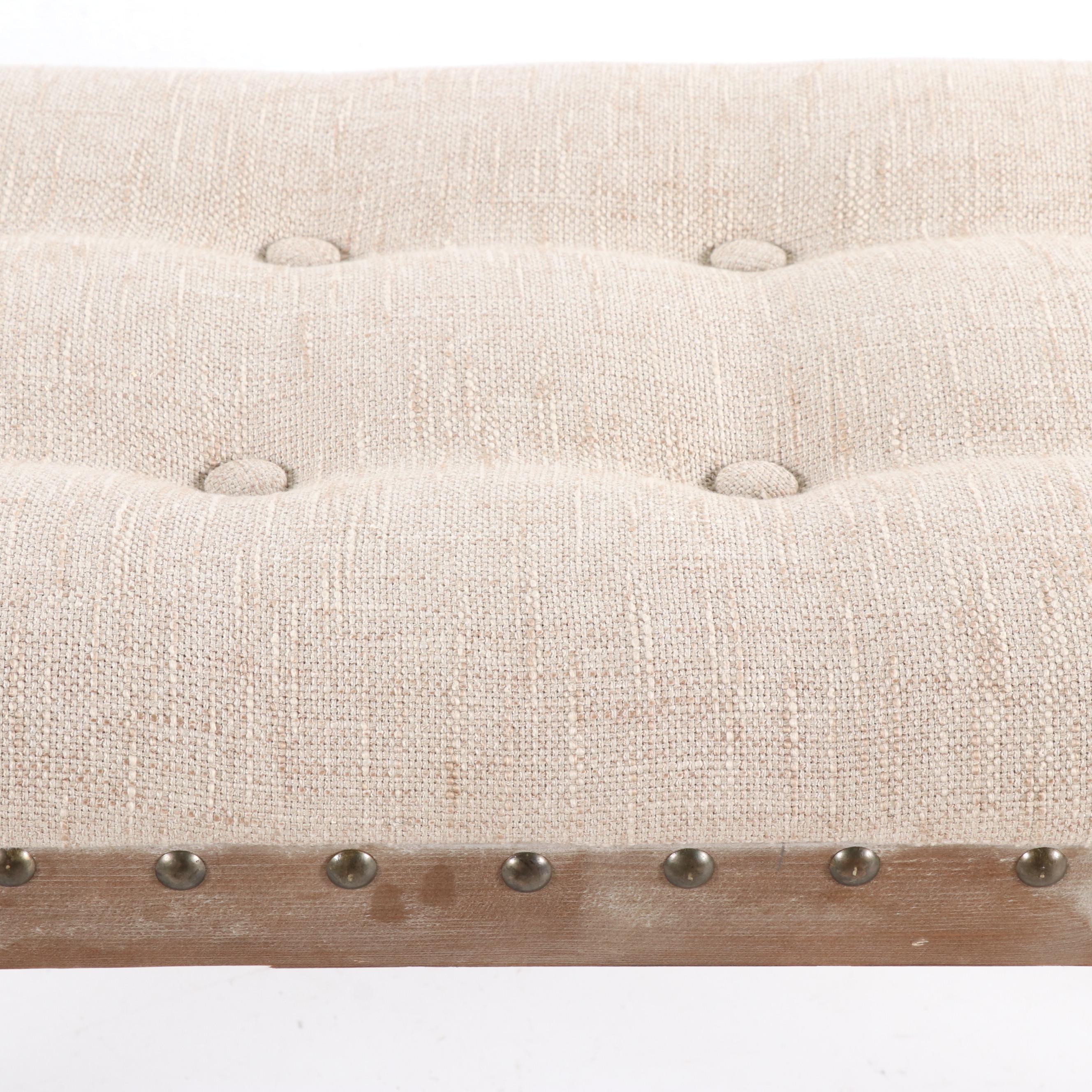 Contemporary Tufted Linen Upholstered "X" Bench with Driftwood Finish