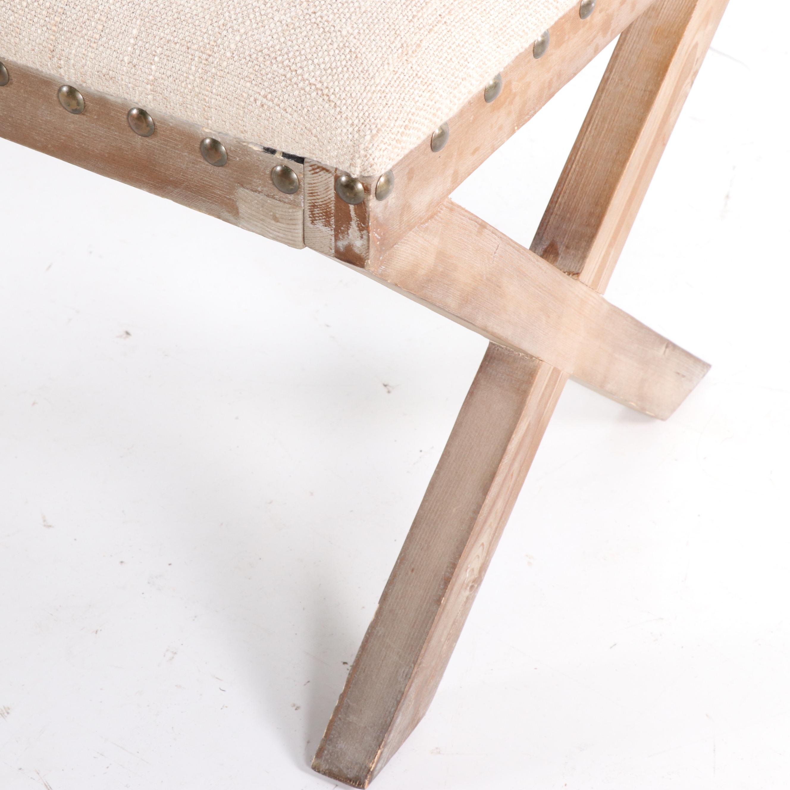 Contemporary Tufted Linen Upholstered "X" Bench with Driftwood Finish
