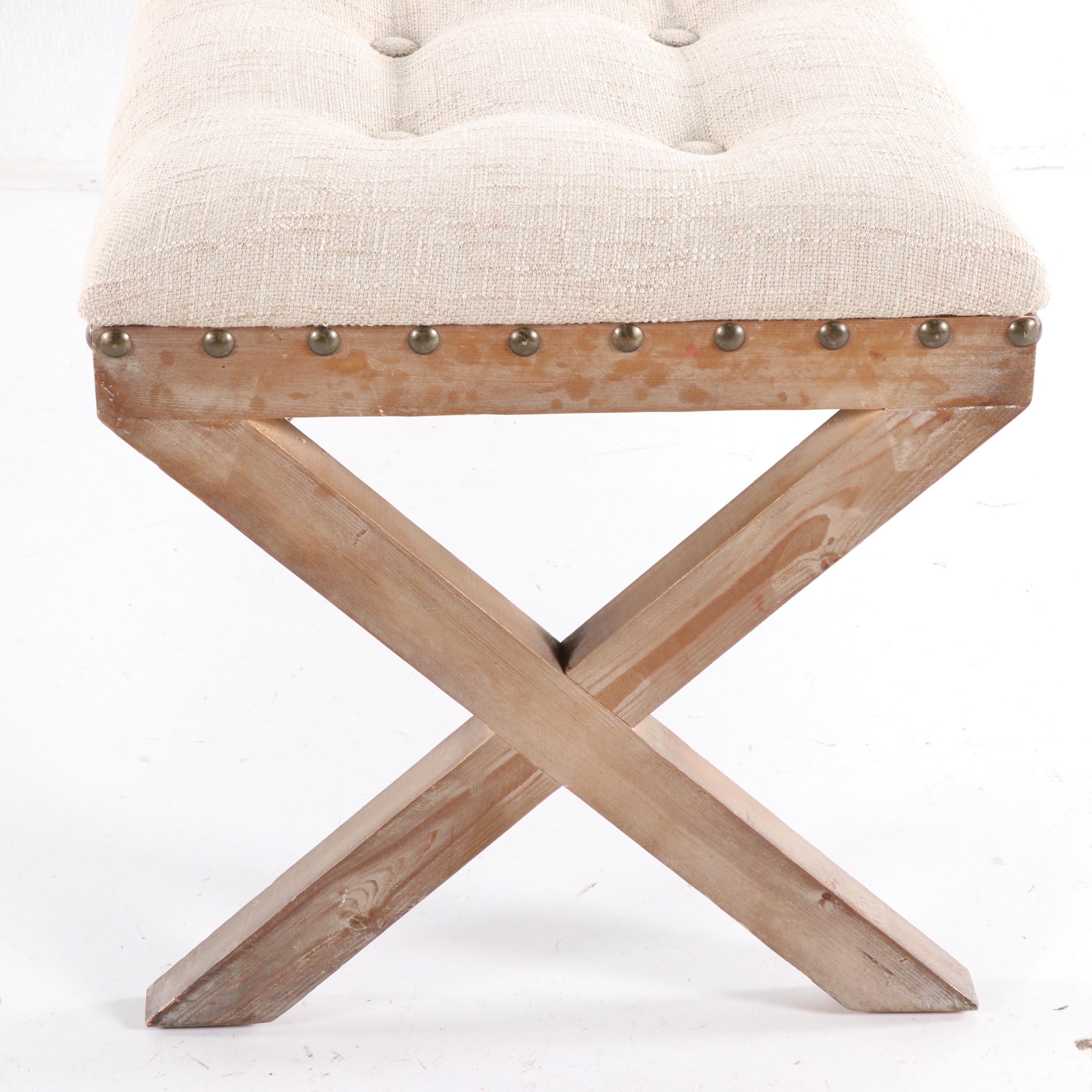 Contemporary Tufted Linen Upholstered "X" Bench with Driftwood Finish