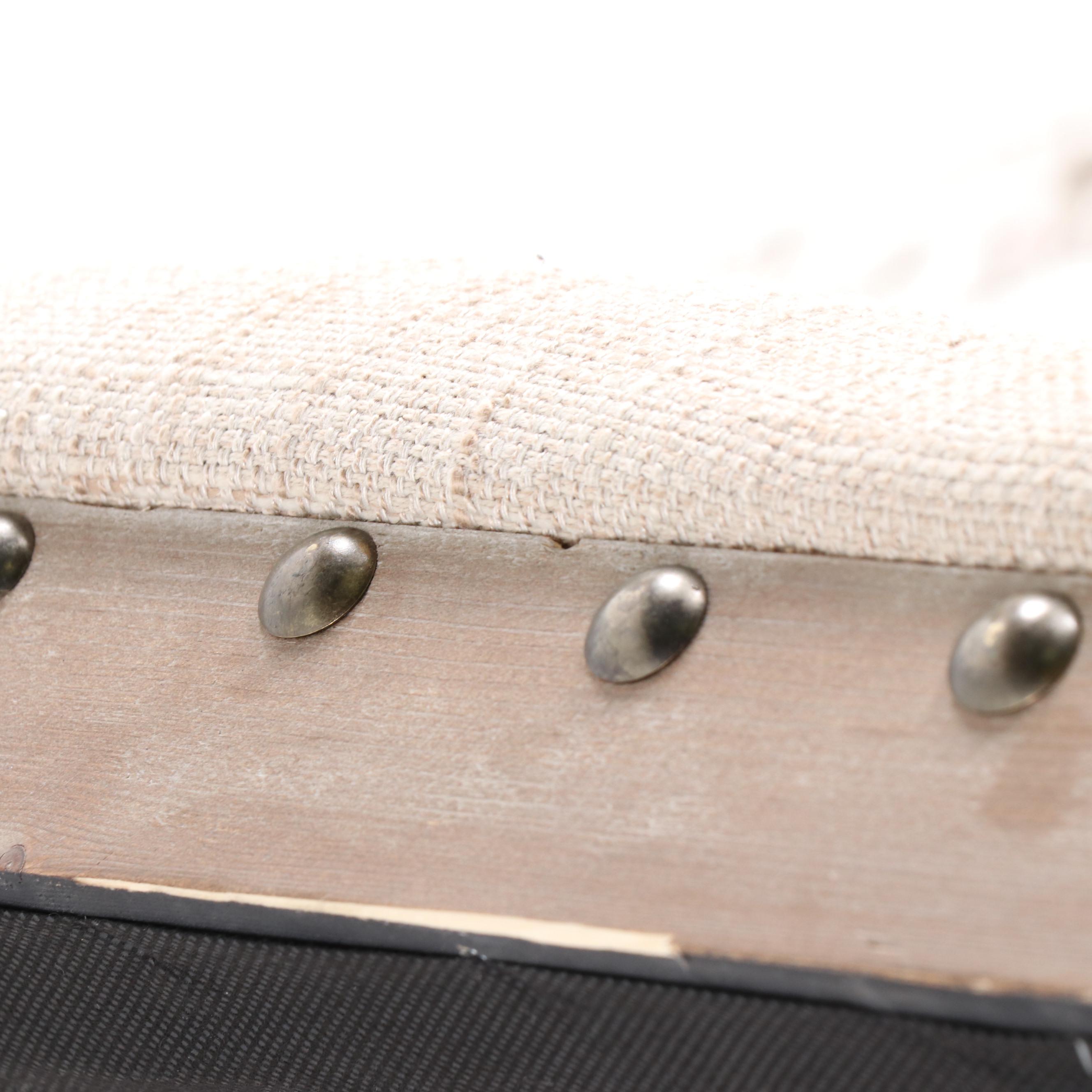 Contemporary Tufted Linen Upholstered "X" Bench with Driftwood Finish