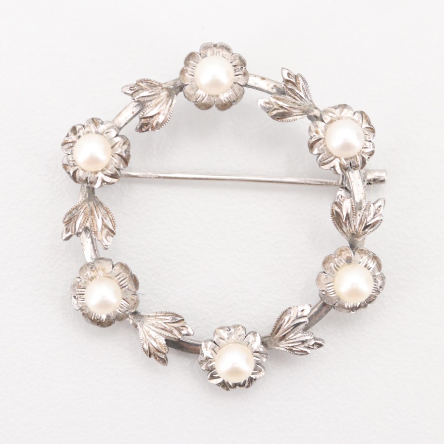 Mikimoto Sterling Silver Cultured Pearl Floral Brooch