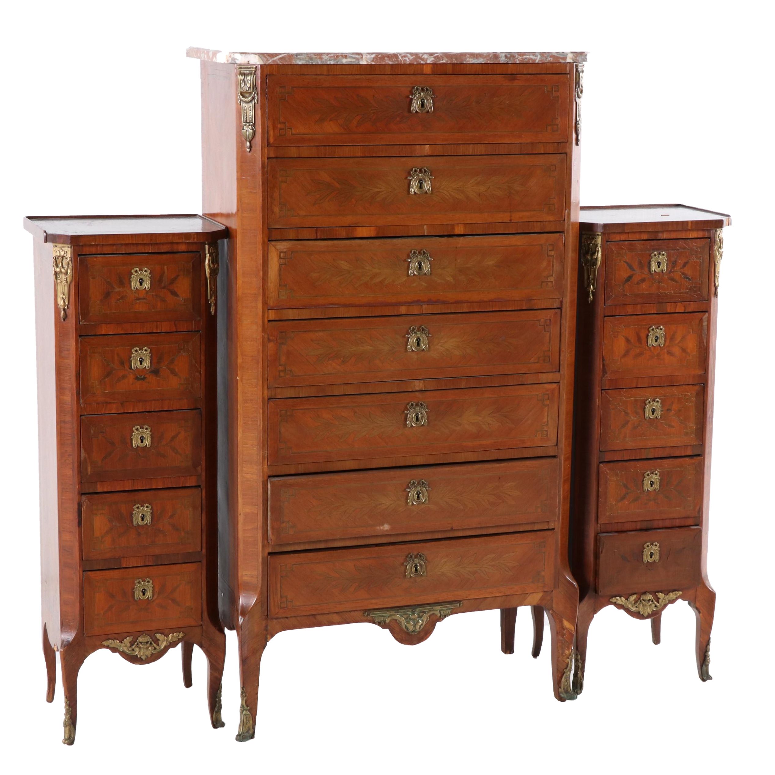 Italian Burled Walnut Veneer Dresser With Metal Mounts, Mid-20th Century