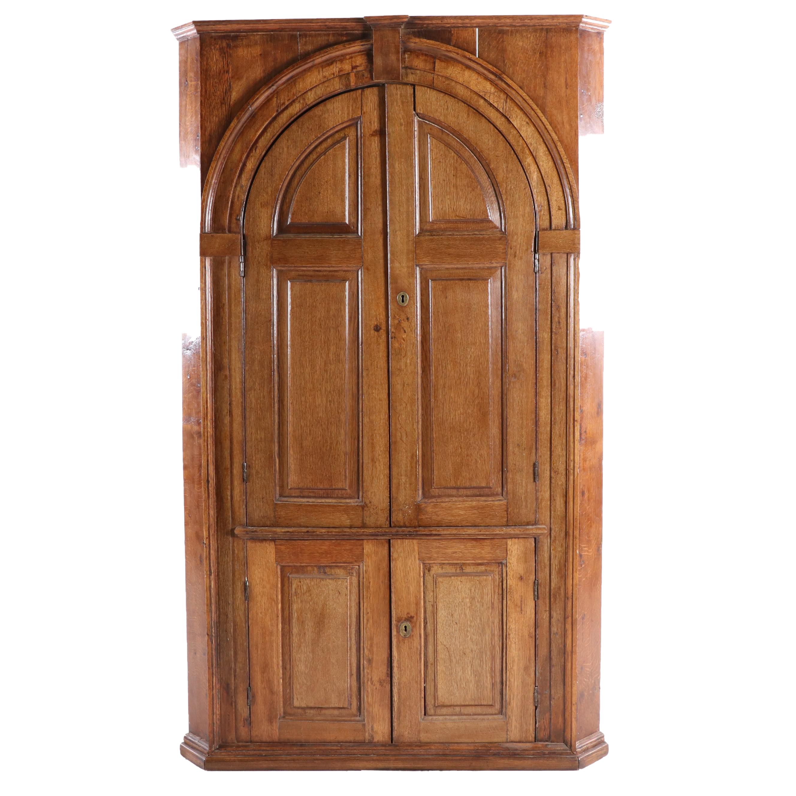 George III Provincial Oak Corner Cupboard with Architectural Interior, 19th C.