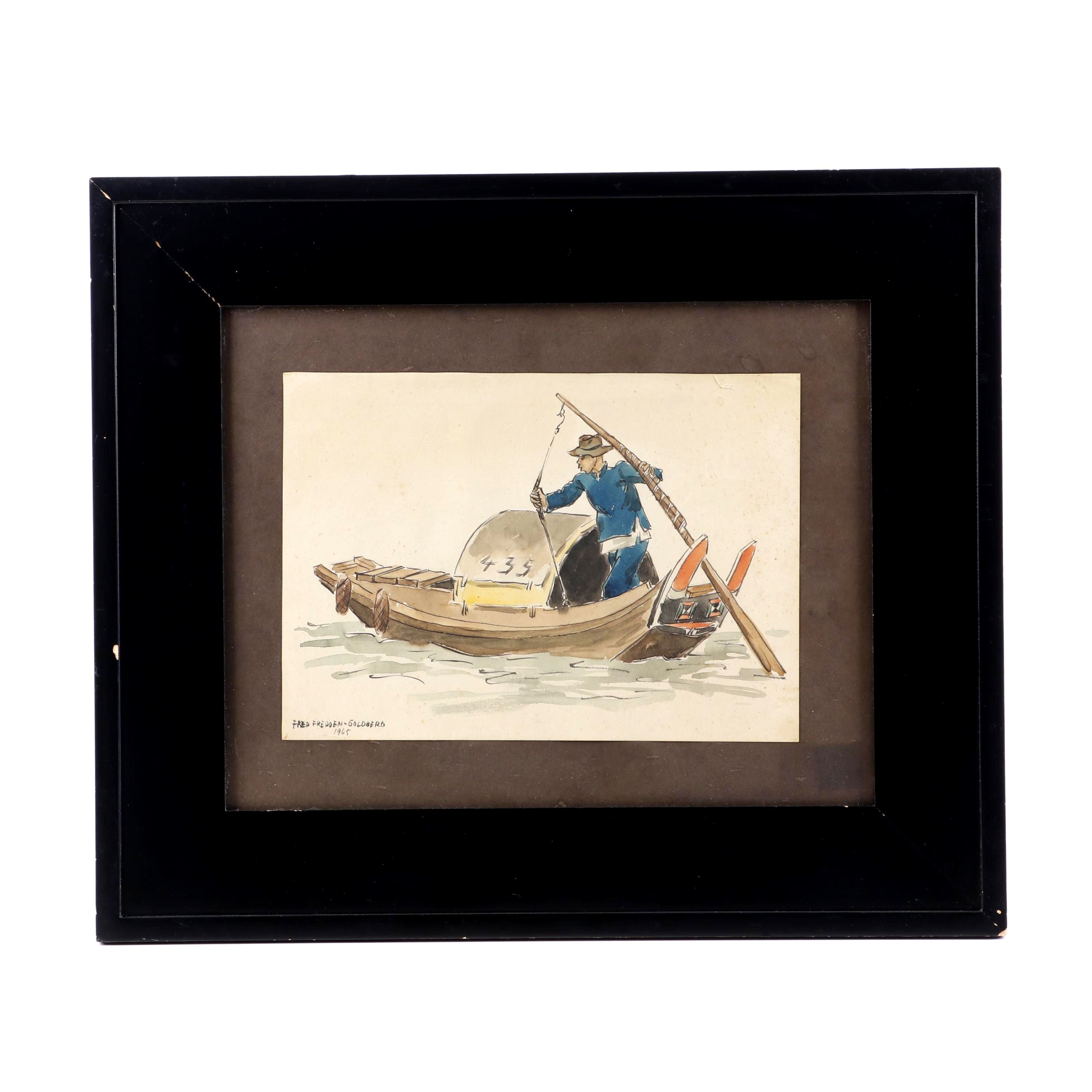 Fred Fredden Goldberg 1945 Watercolor Painting of Fisherman