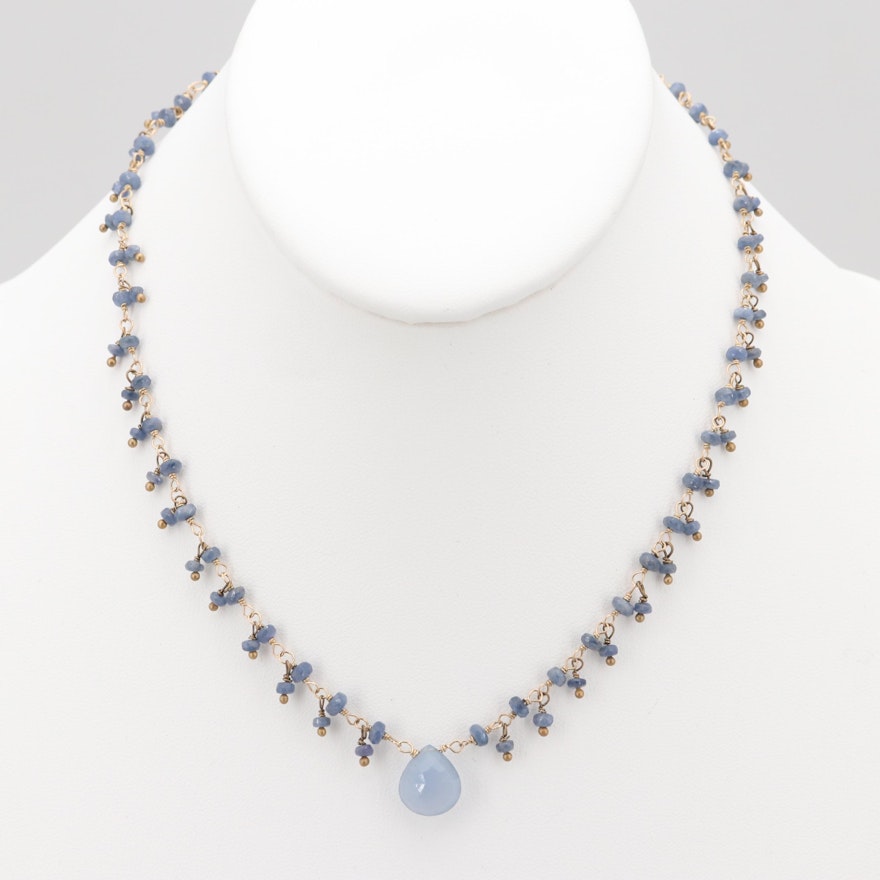 Gold Tone Faceted Blue Quartz Bead Necklace