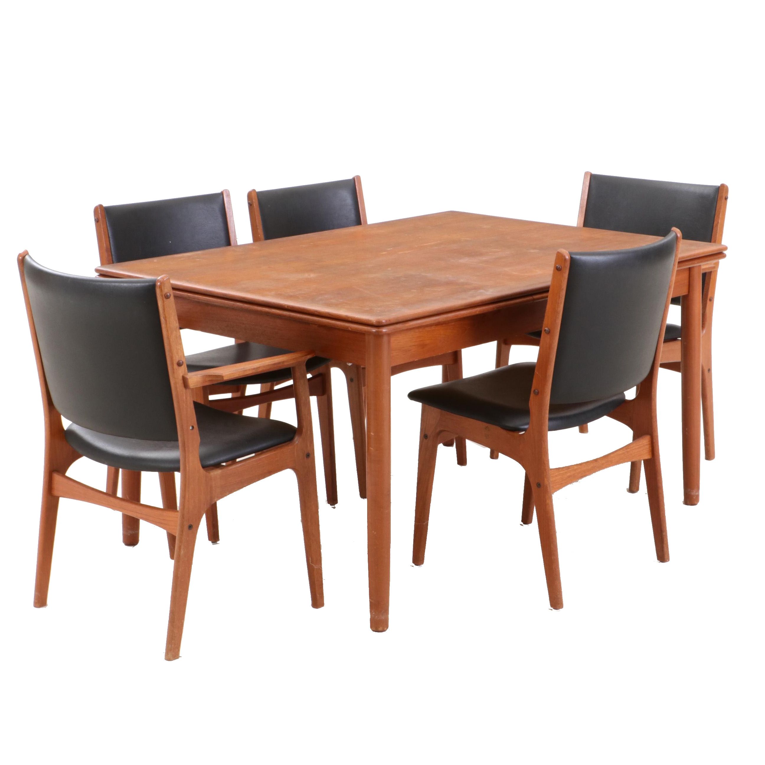 Danish Modern Teak Draw Leaf Dining Table and Chairs