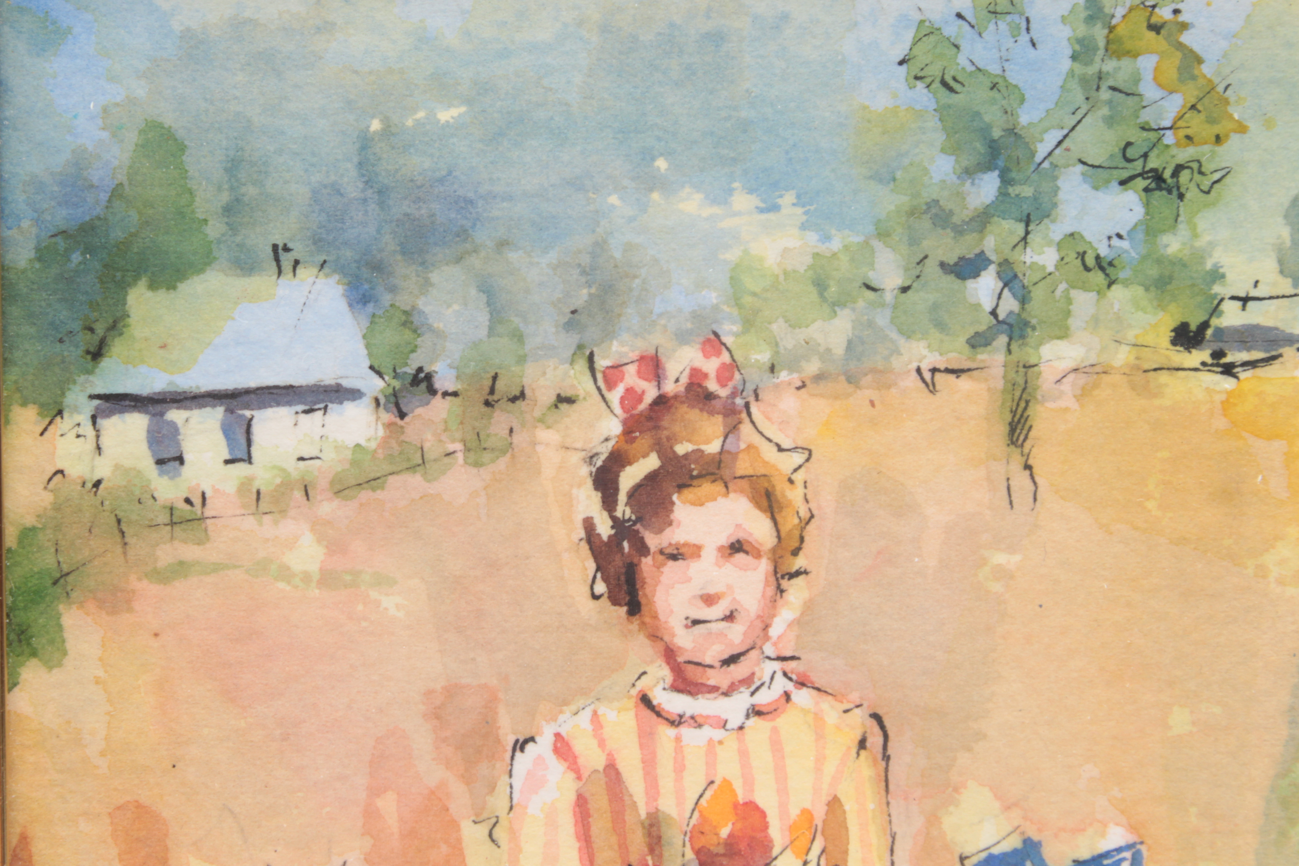 Helen W. Adams Miniature Watercolor Painting of Three Girls