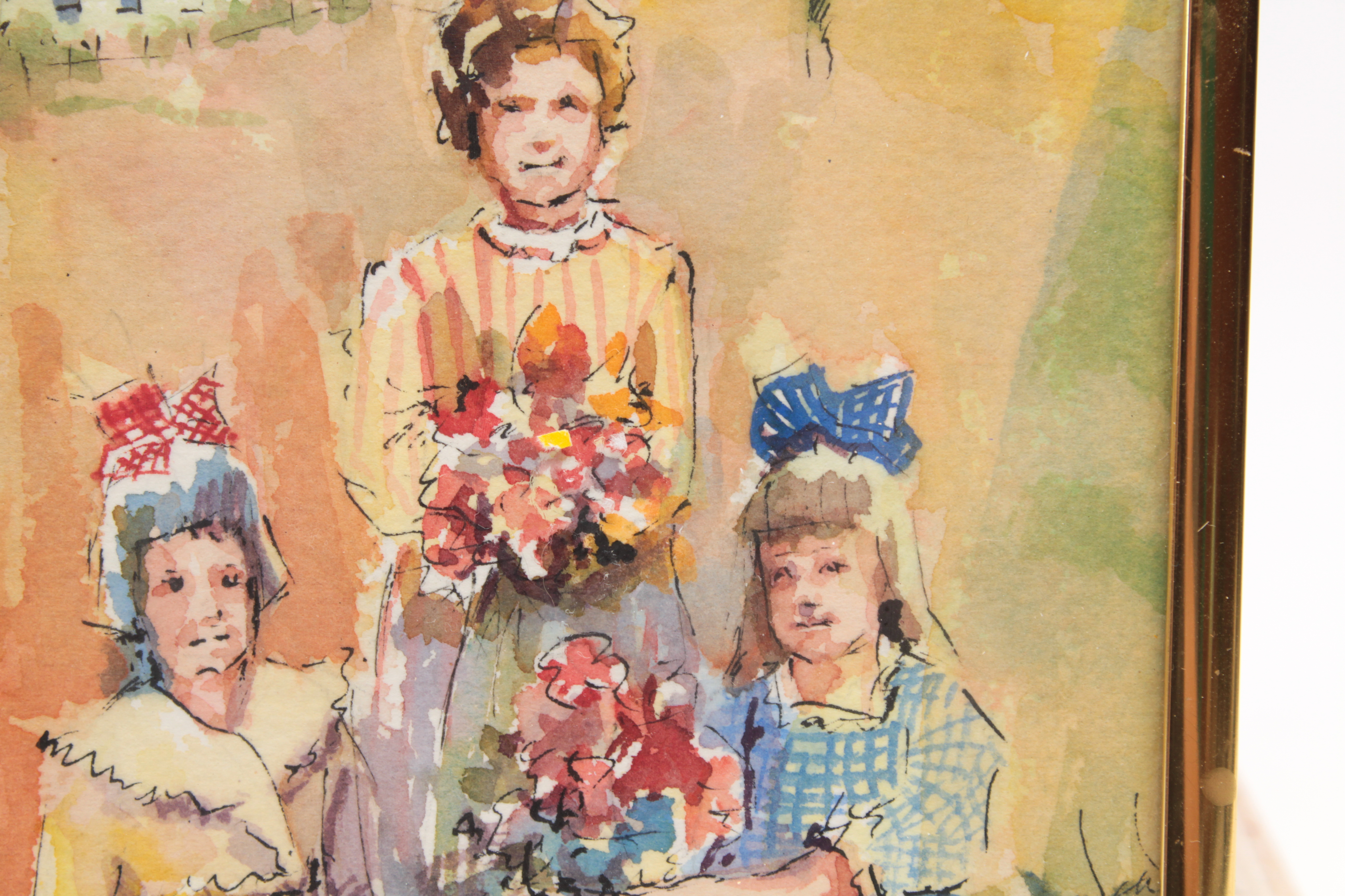 Helen W. Adams Miniature Watercolor Painting of Three Girls