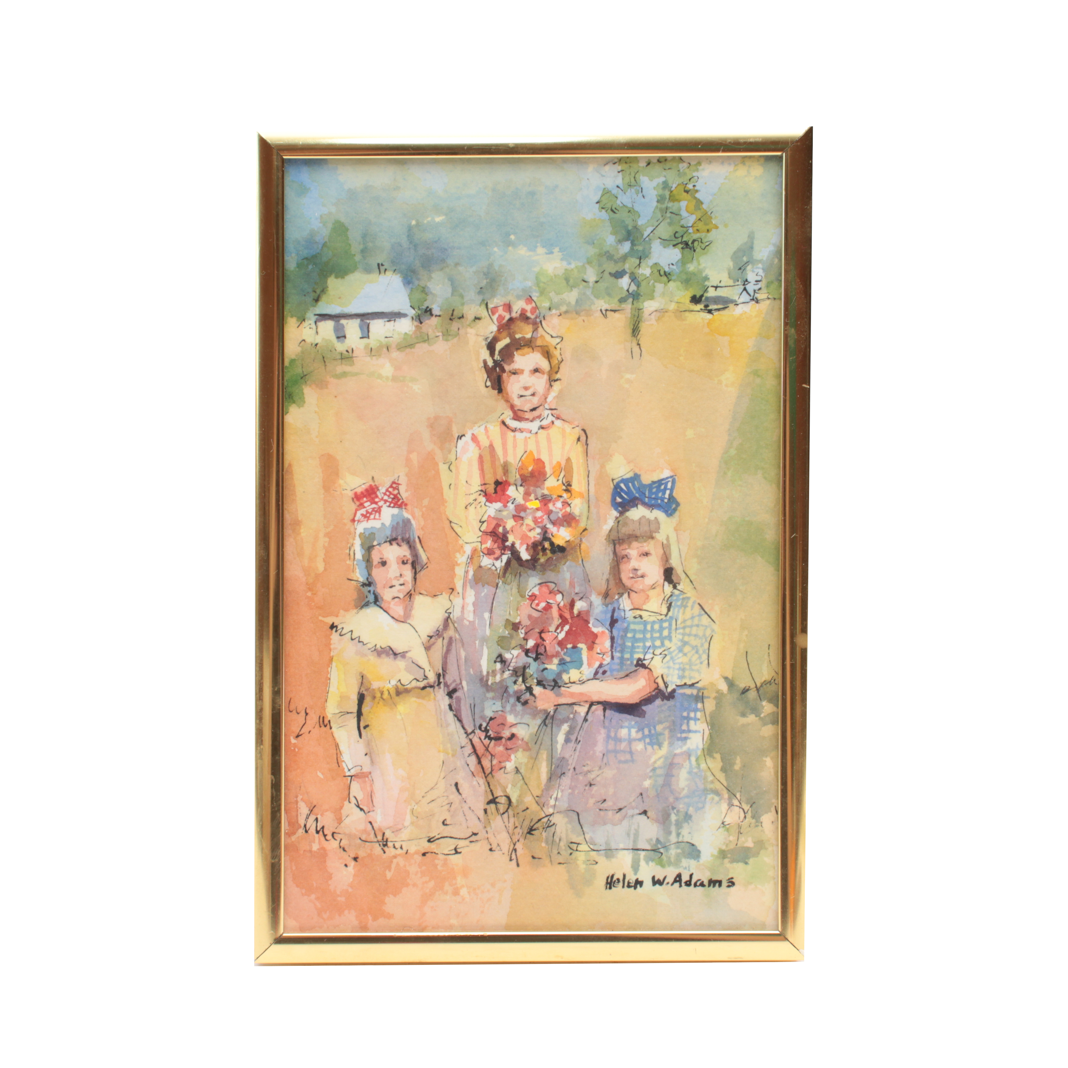 Helen W. Adams Miniature Watercolor Painting of Three Girls