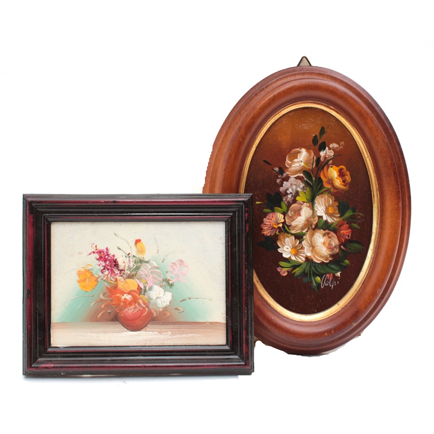 Late 20th Century Miniature Floral Still Life Oil Paintings