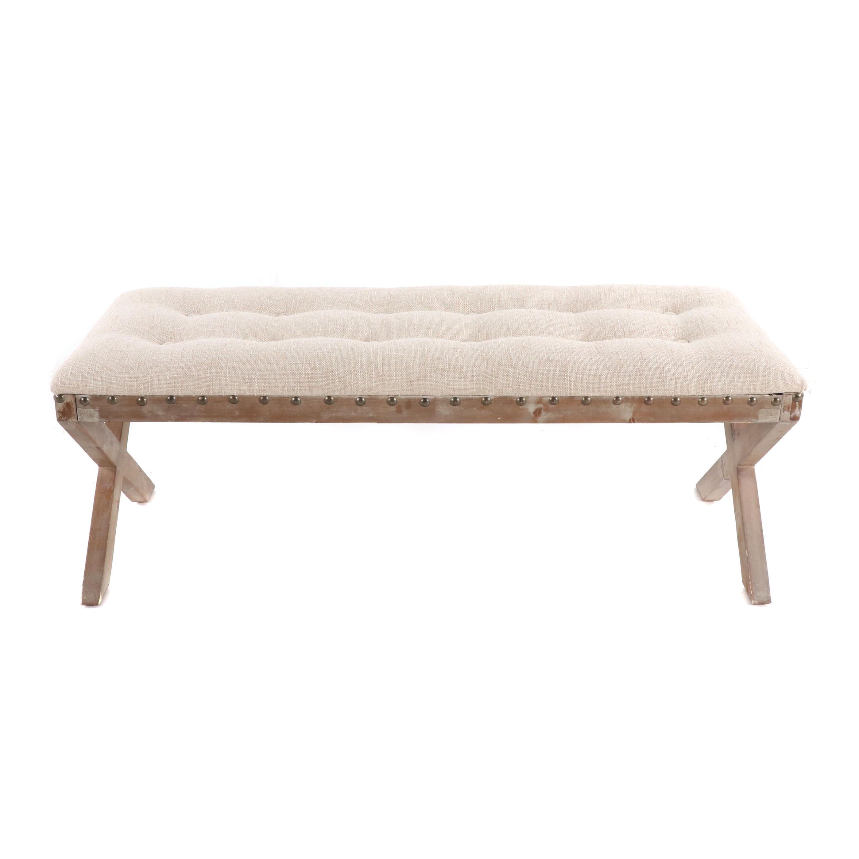 Contemporary Tufted Linen Upholstered "X" Bench with Driftwood Finish