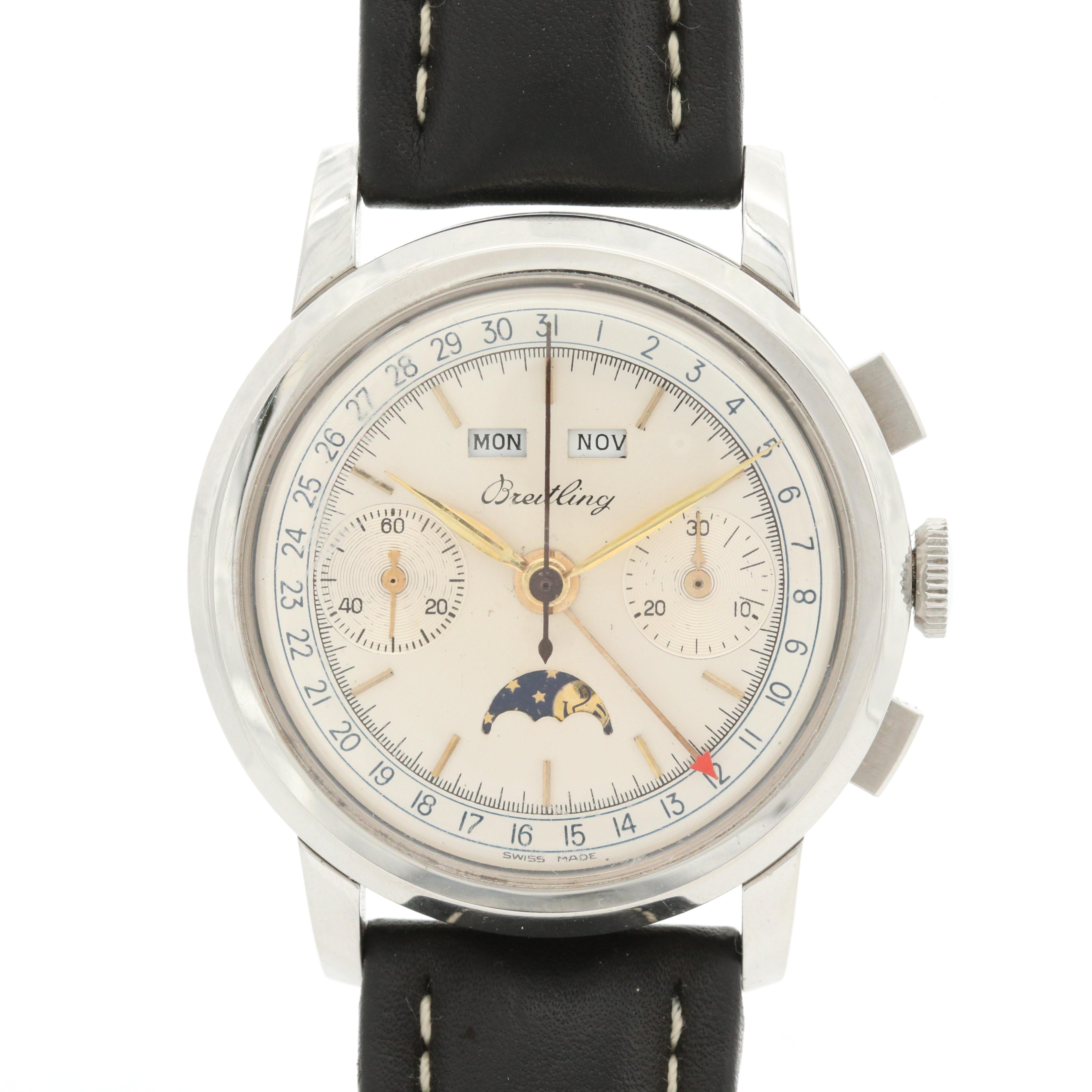 Vintage Breitling Datora Stainless Steel Chronograph and Moonphase Watch