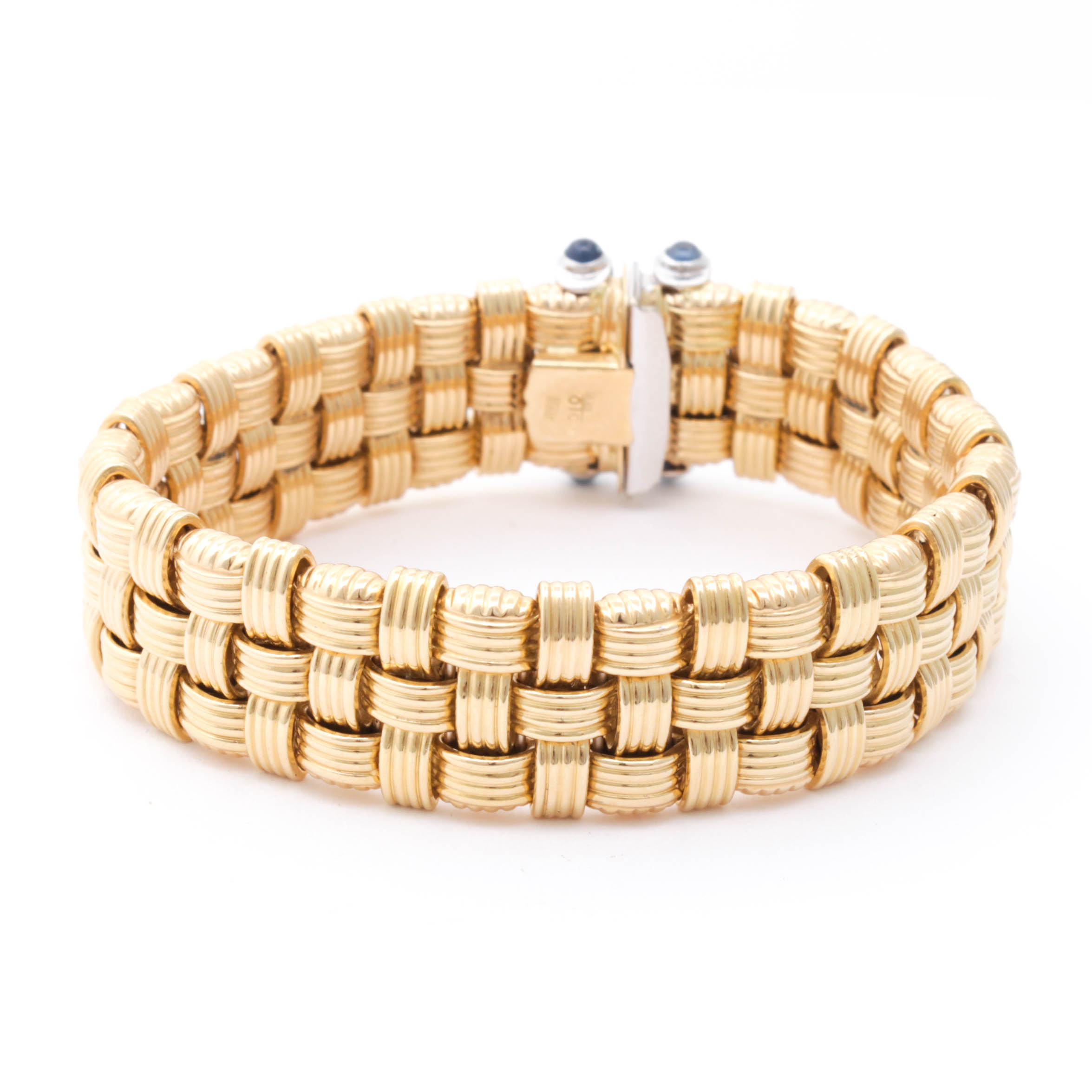 18K Yellow Gold Basket Weave Bracelet with 18K White Gold Sapphire Clasp