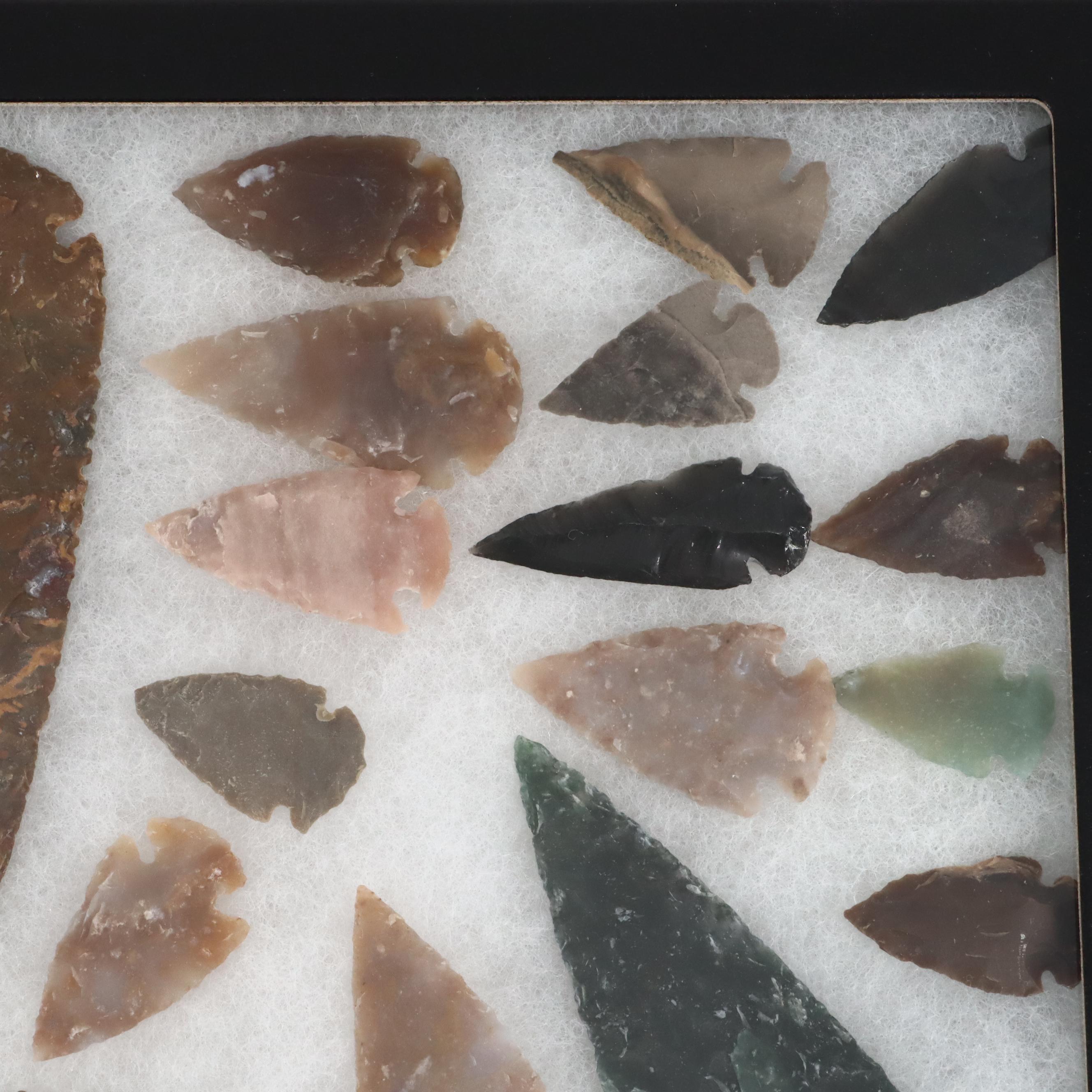 Forty-One Native American Style Arrowheads in a Glass Display Box