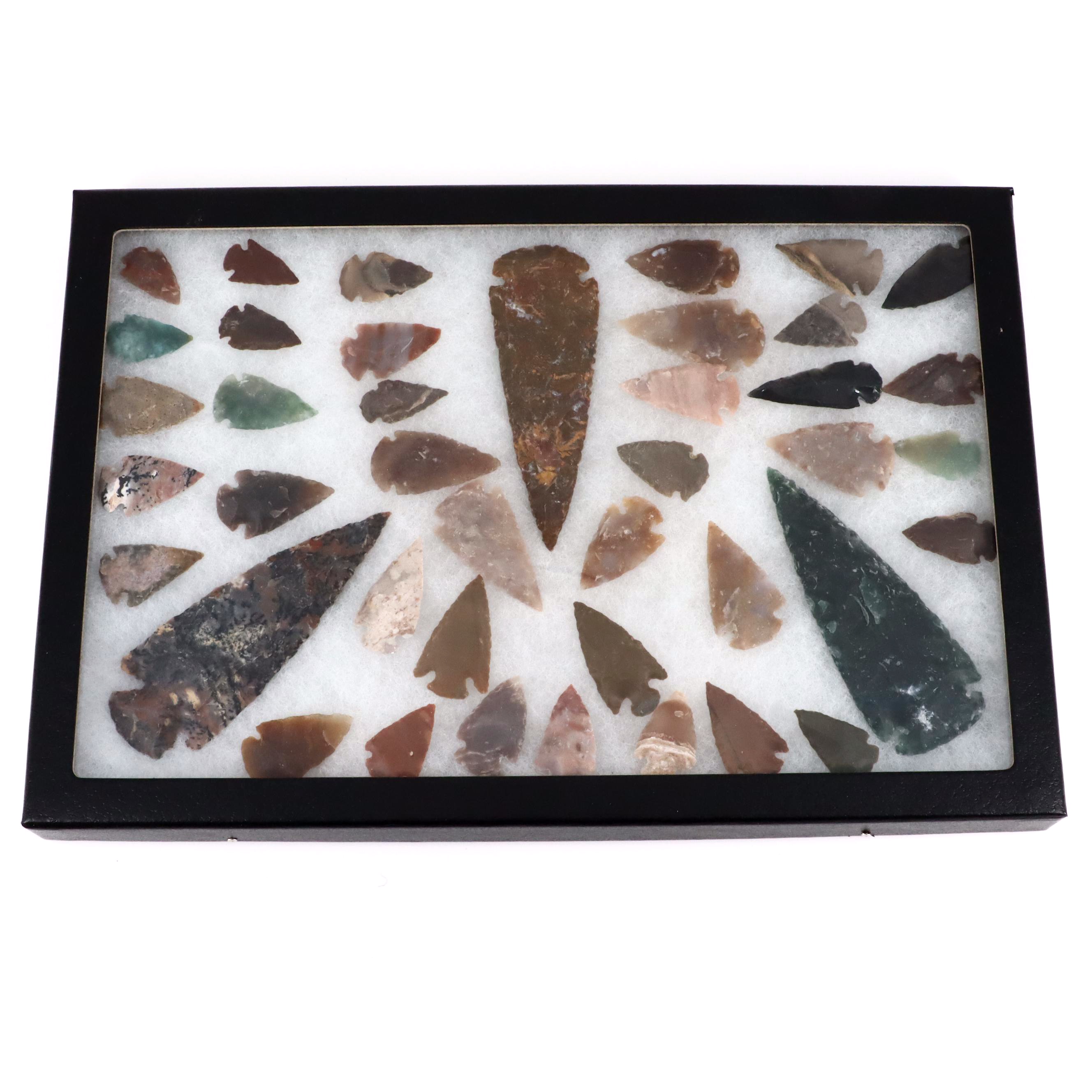 Forty-One Native American Style Arrowheads in a Glass Display Box