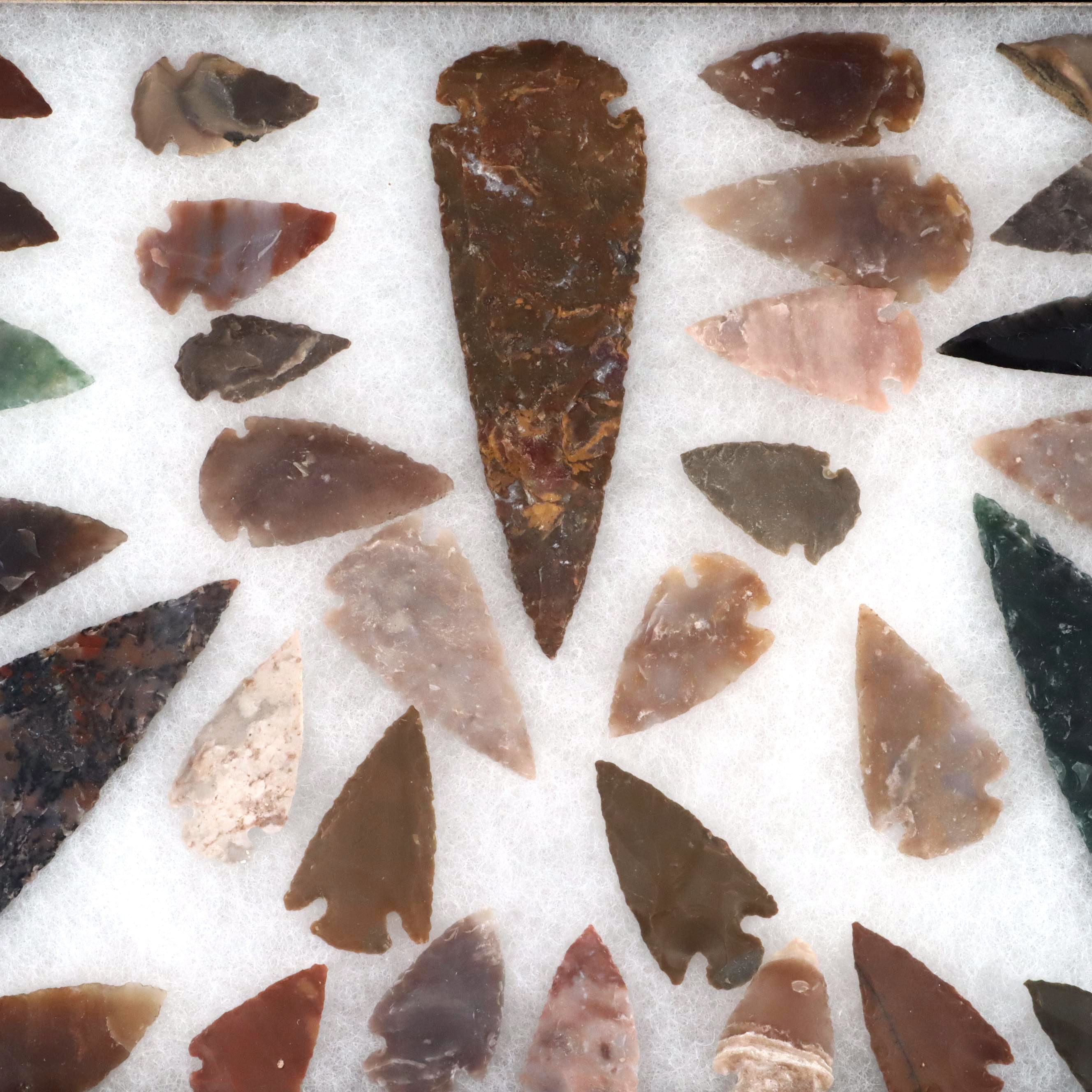 Forty-One Native American Style Arrowheads in a Glass Display Box