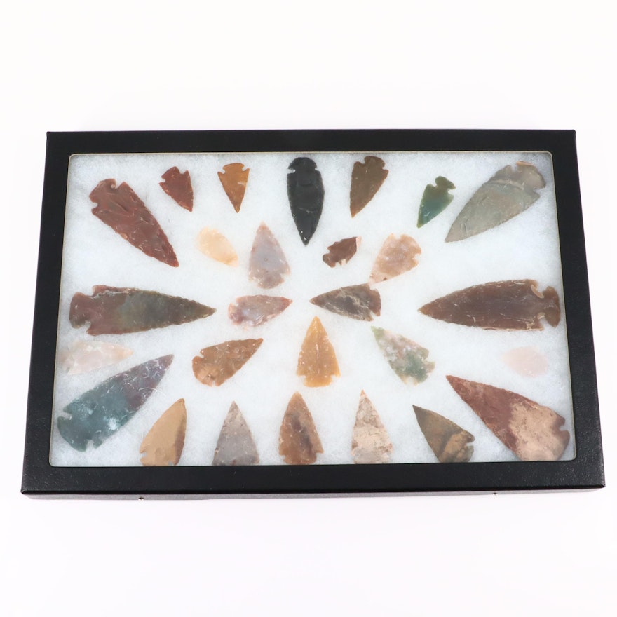 Twenty-Seven Native American Style Arrowheads in a Glass Display Box