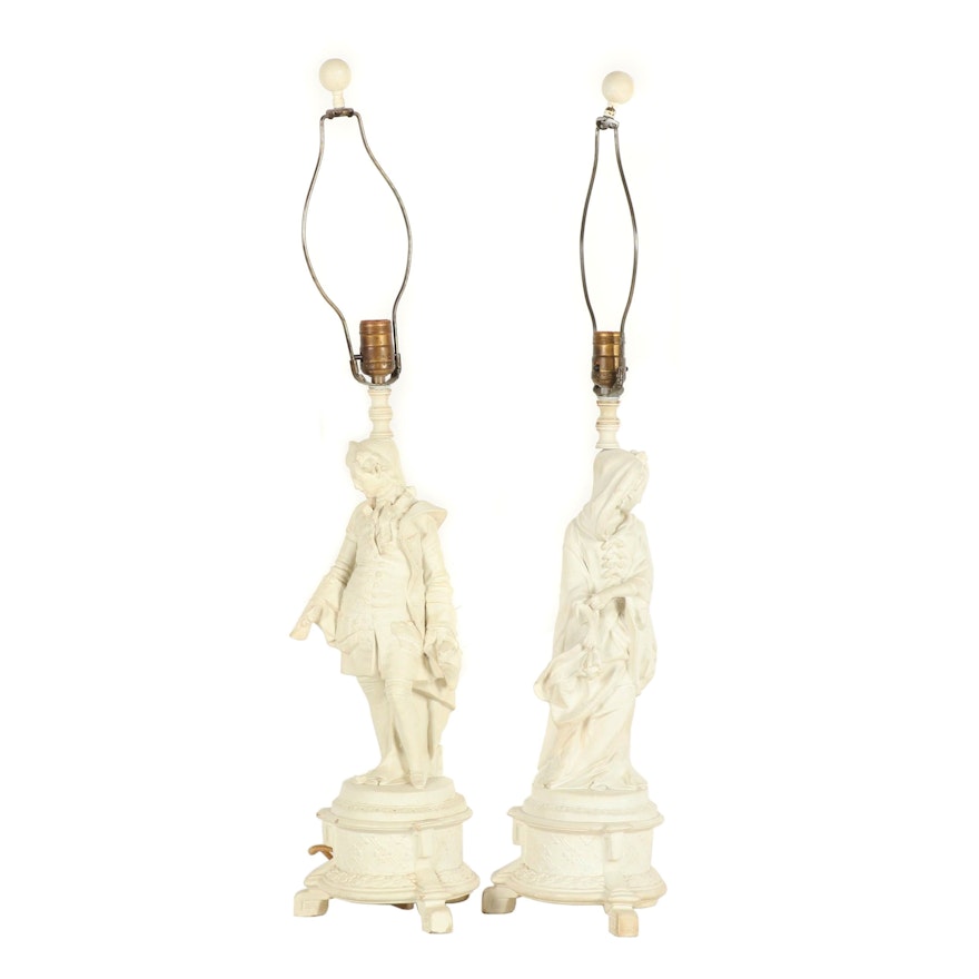 Pair of Figural Courtesan Rococo Style Composition and Plaster Table Lamps