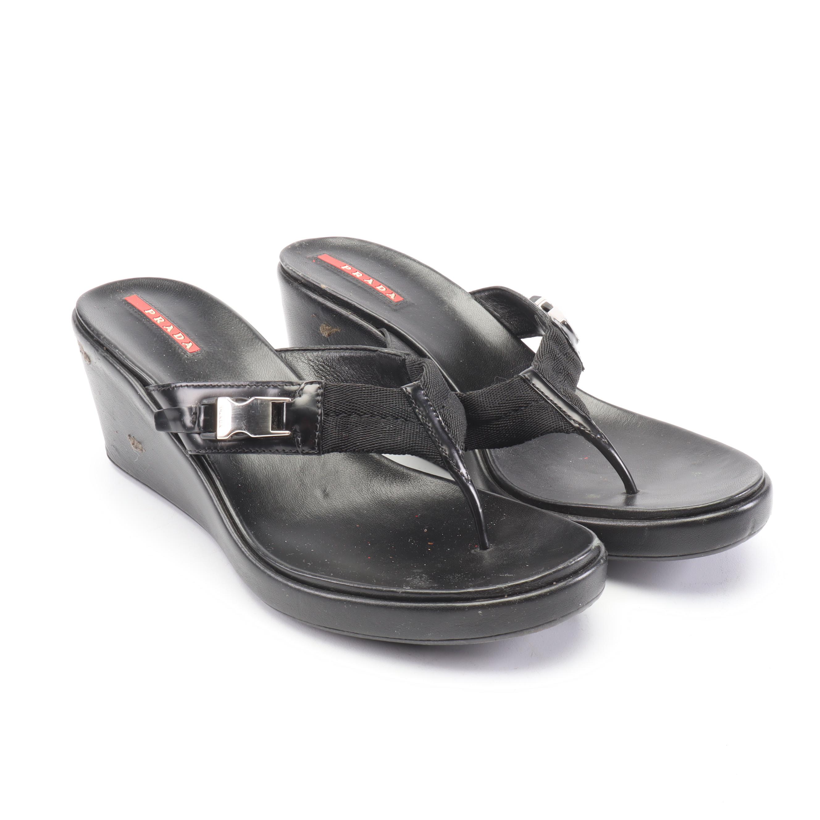 Prada Black Leather Platform Wedge Sandals