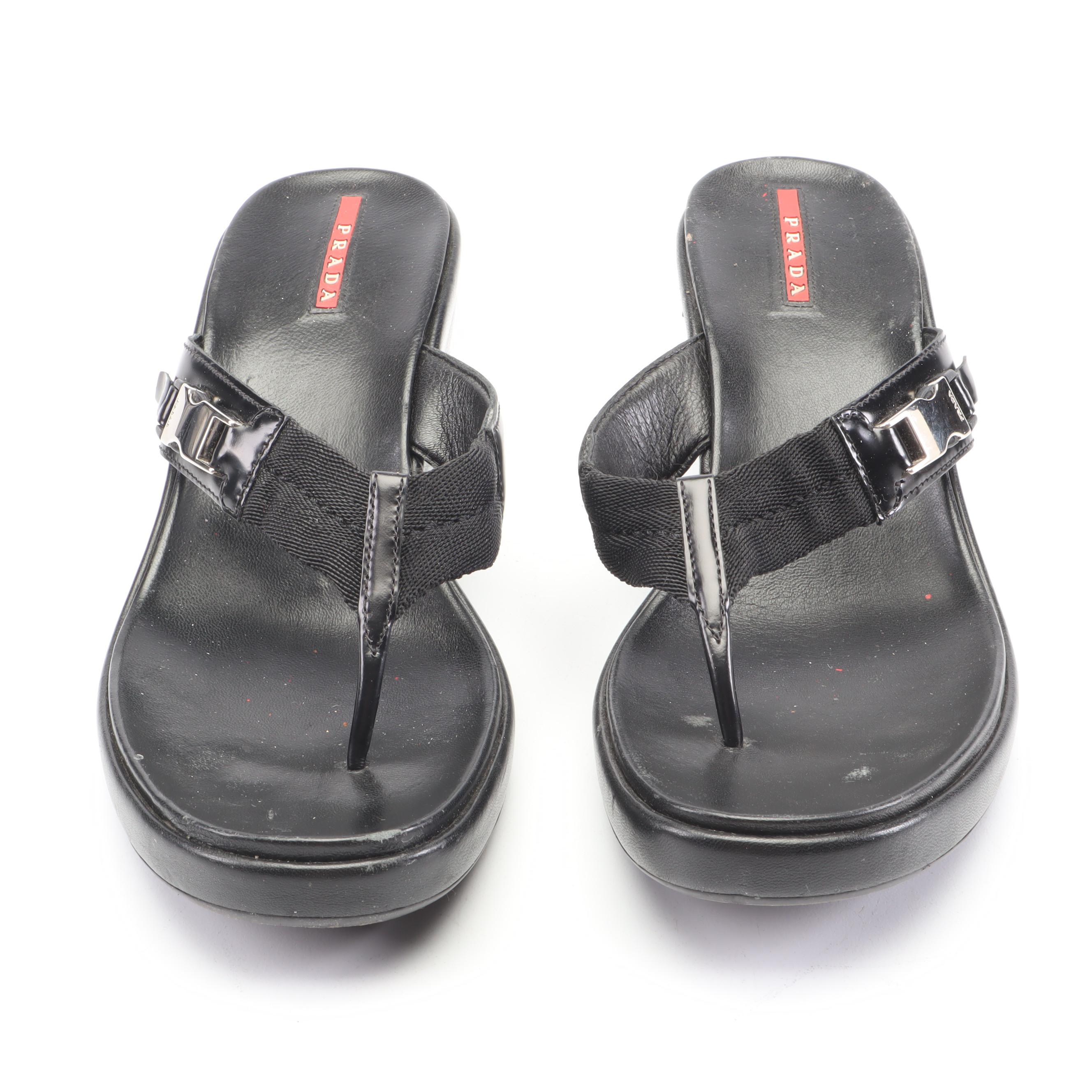 Prada Black Leather Platform Wedge Sandals