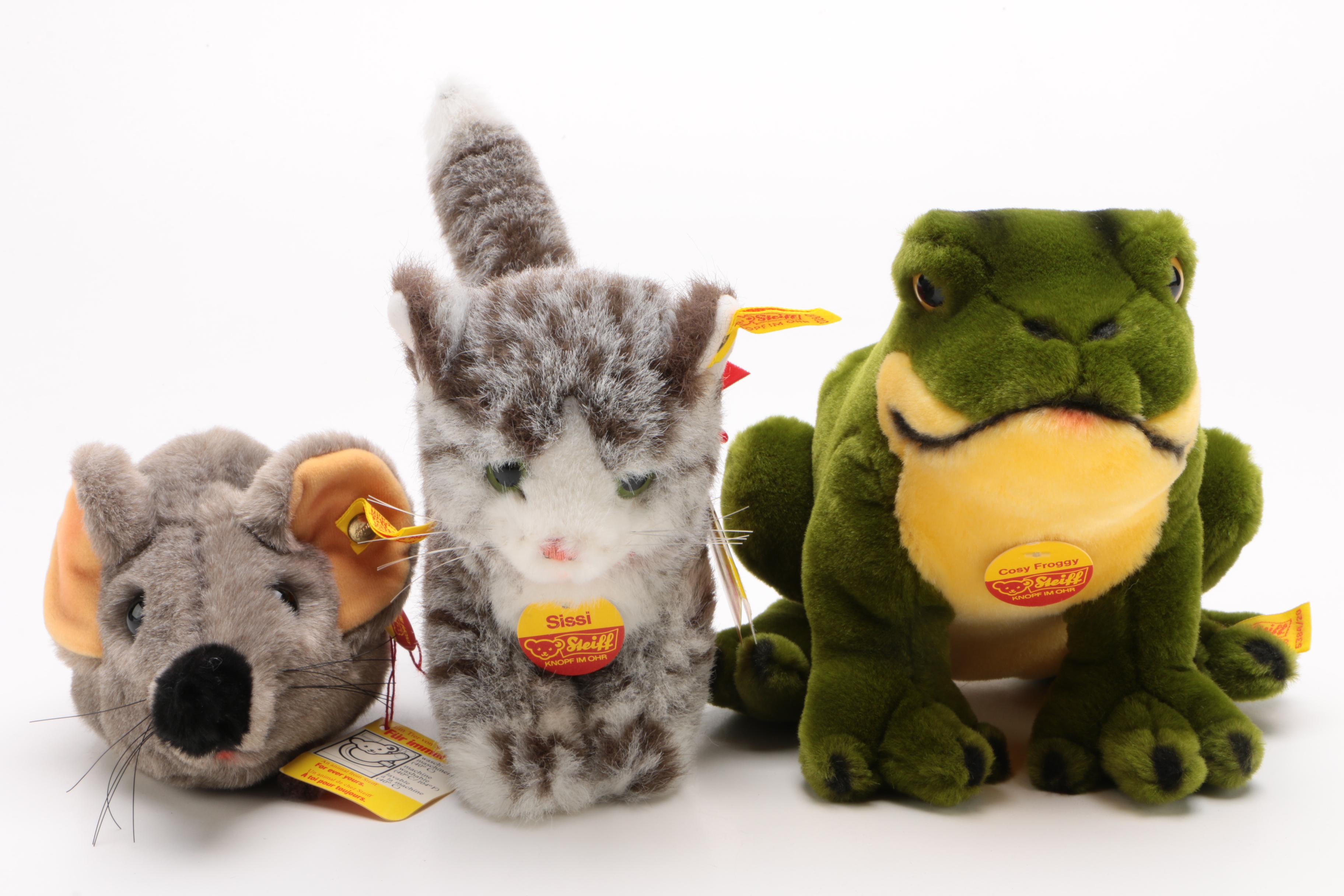Steiff Stuffed Animals Including "Sissi" Cat and "Cosy Froggy", 1980s