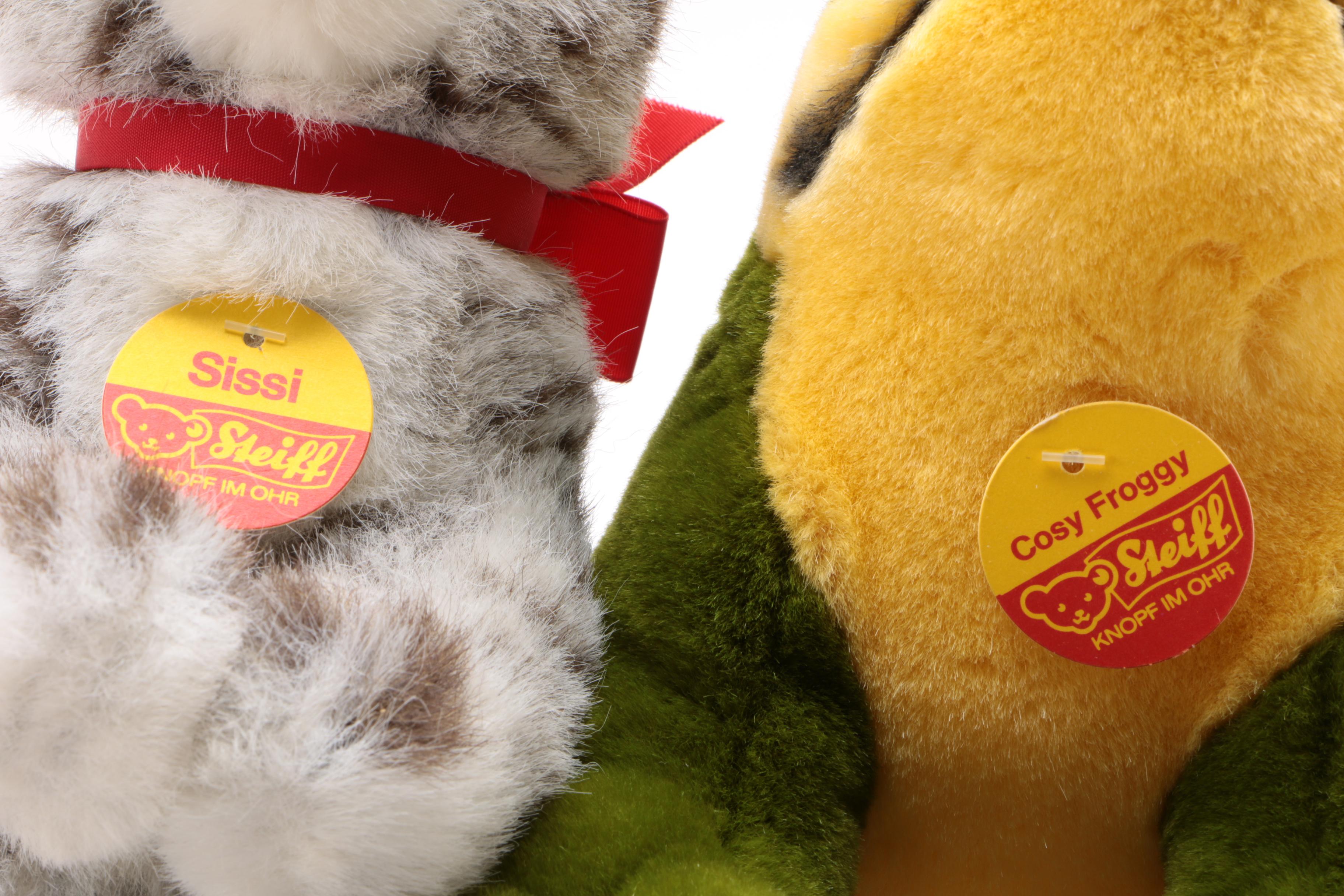 Steiff Stuffed Animals Including "Sissi" Cat and "Cosy Froggy", 1980s