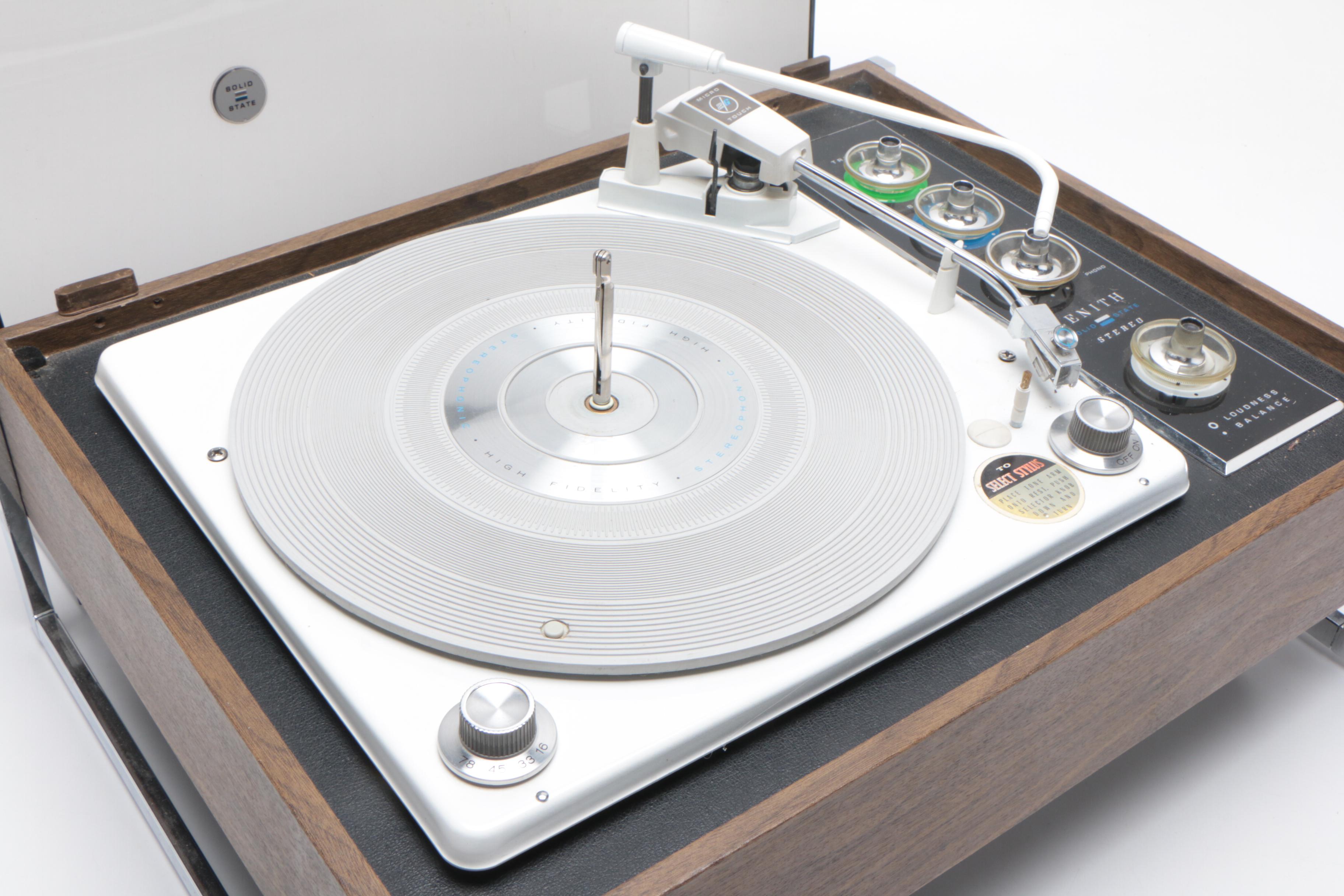 Zenith Solid State Record Player and Speakers, Mid to Late 20th Century