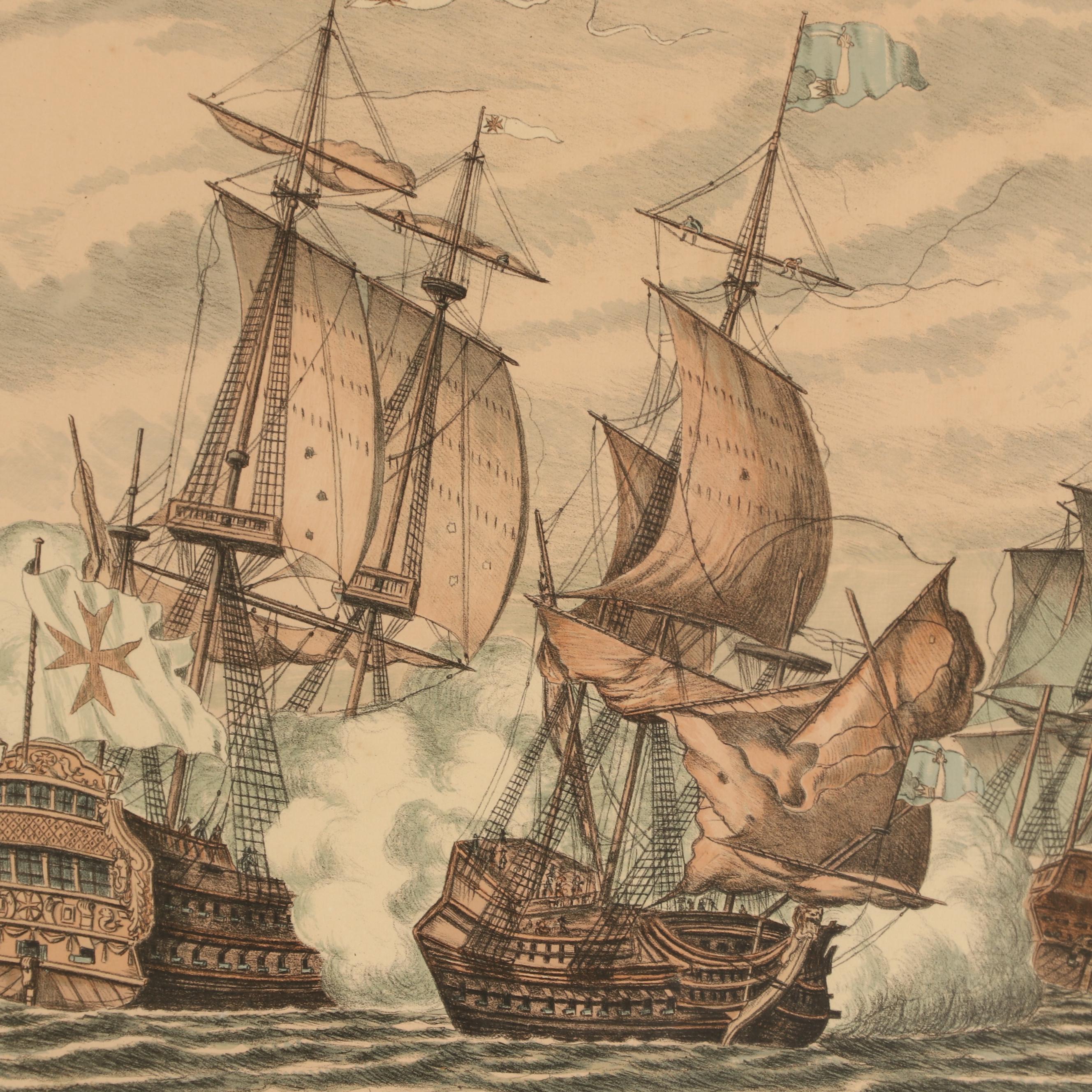 Daniel Derveaux Color Lithograph of Maritime Battle