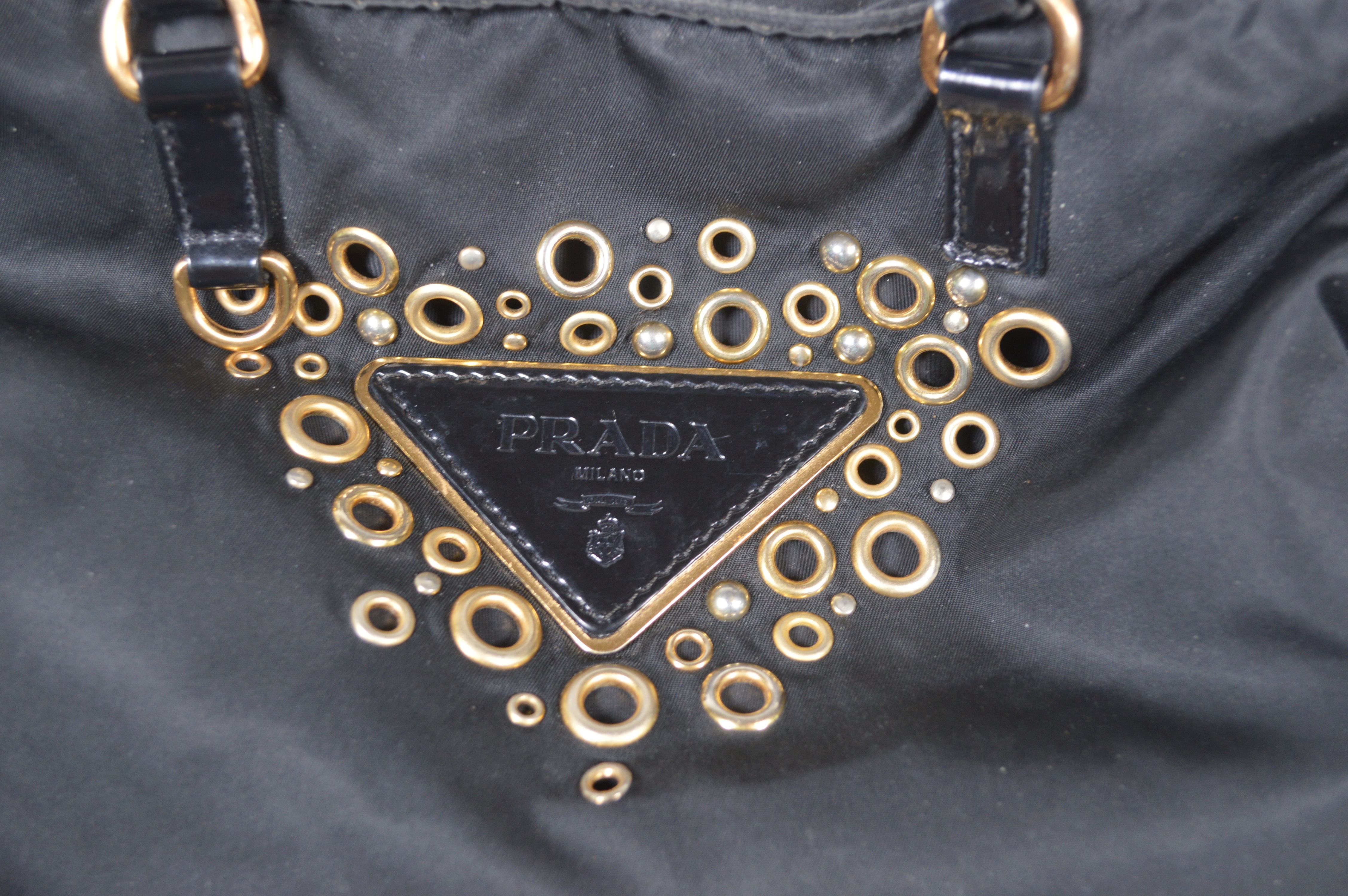 Prada Black Tessuto Nylon Logo Grommet Shoulder Bag