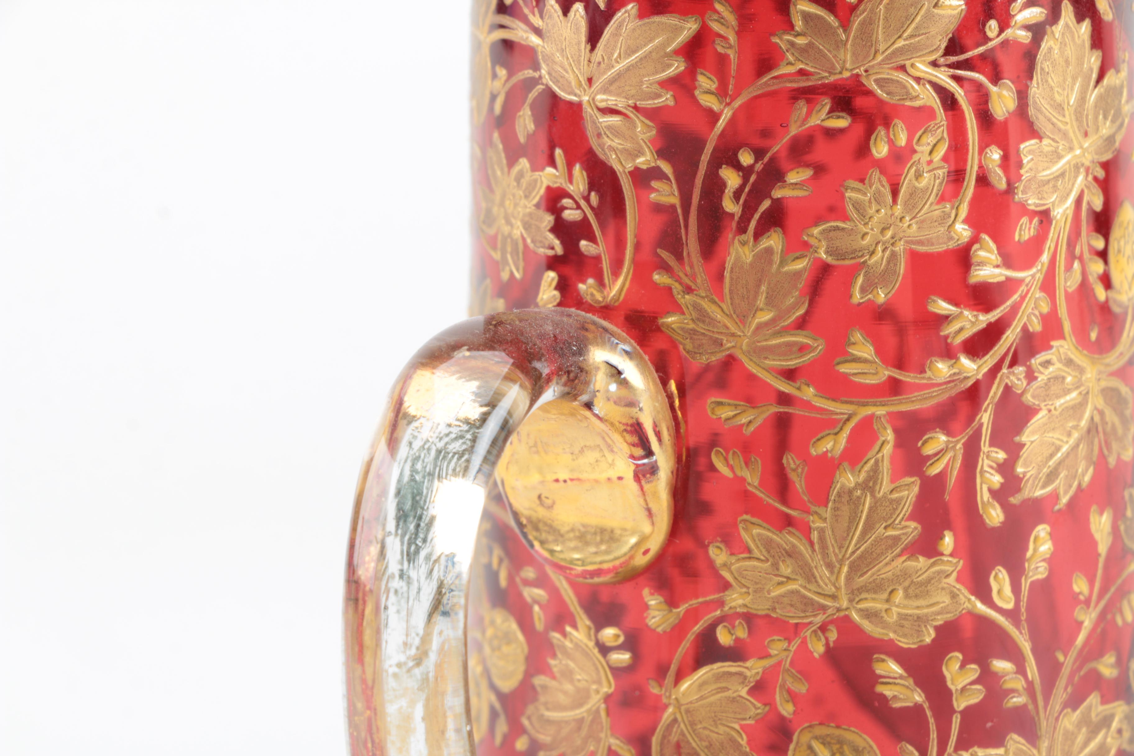 Mary Gregory Style Gilt Enameled Cranberry Glass Pitcher, Late 19th/Early 20th C