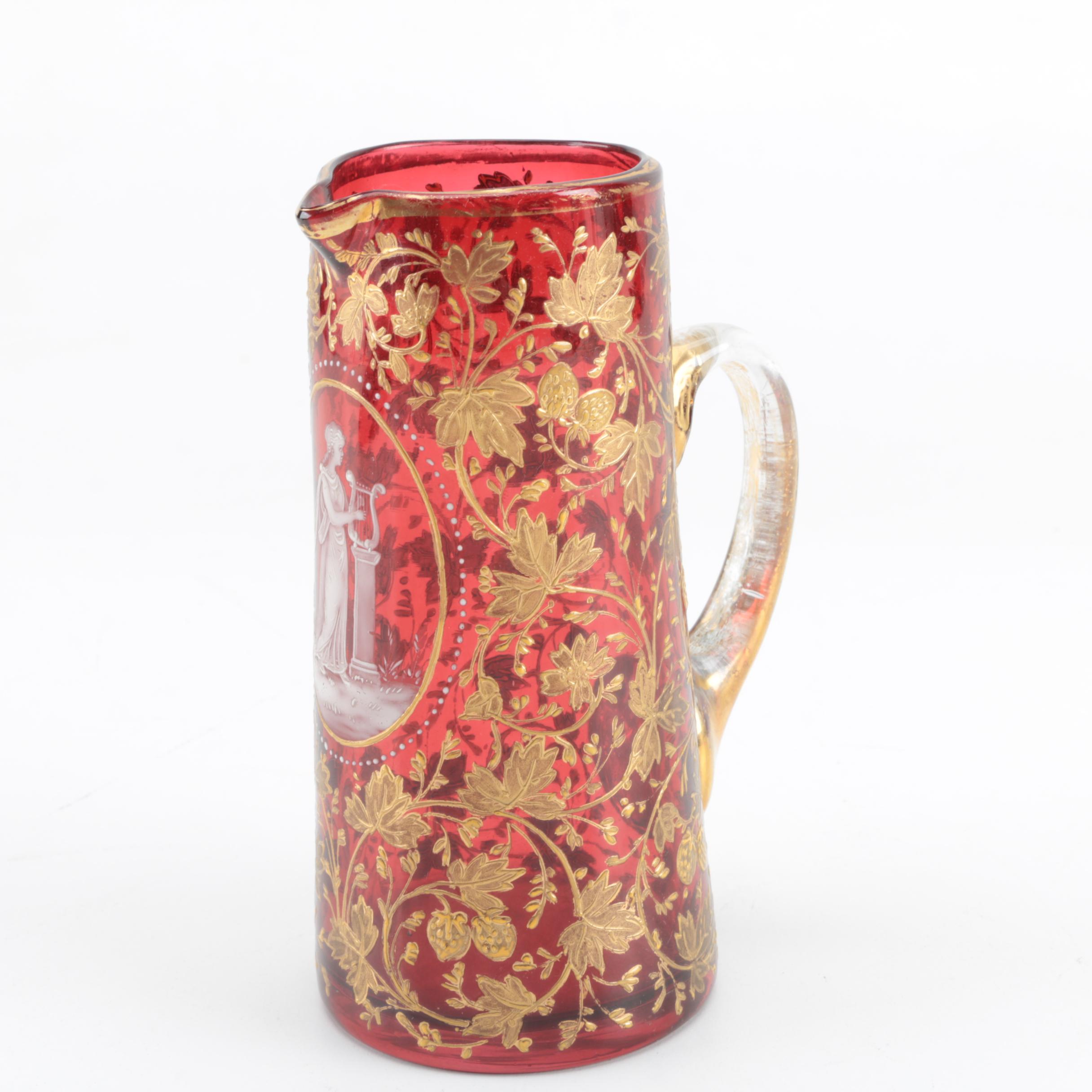 Mary Gregory Style Gilt Enameled Cranberry Glass Pitcher, Late 19th/Early 20th C