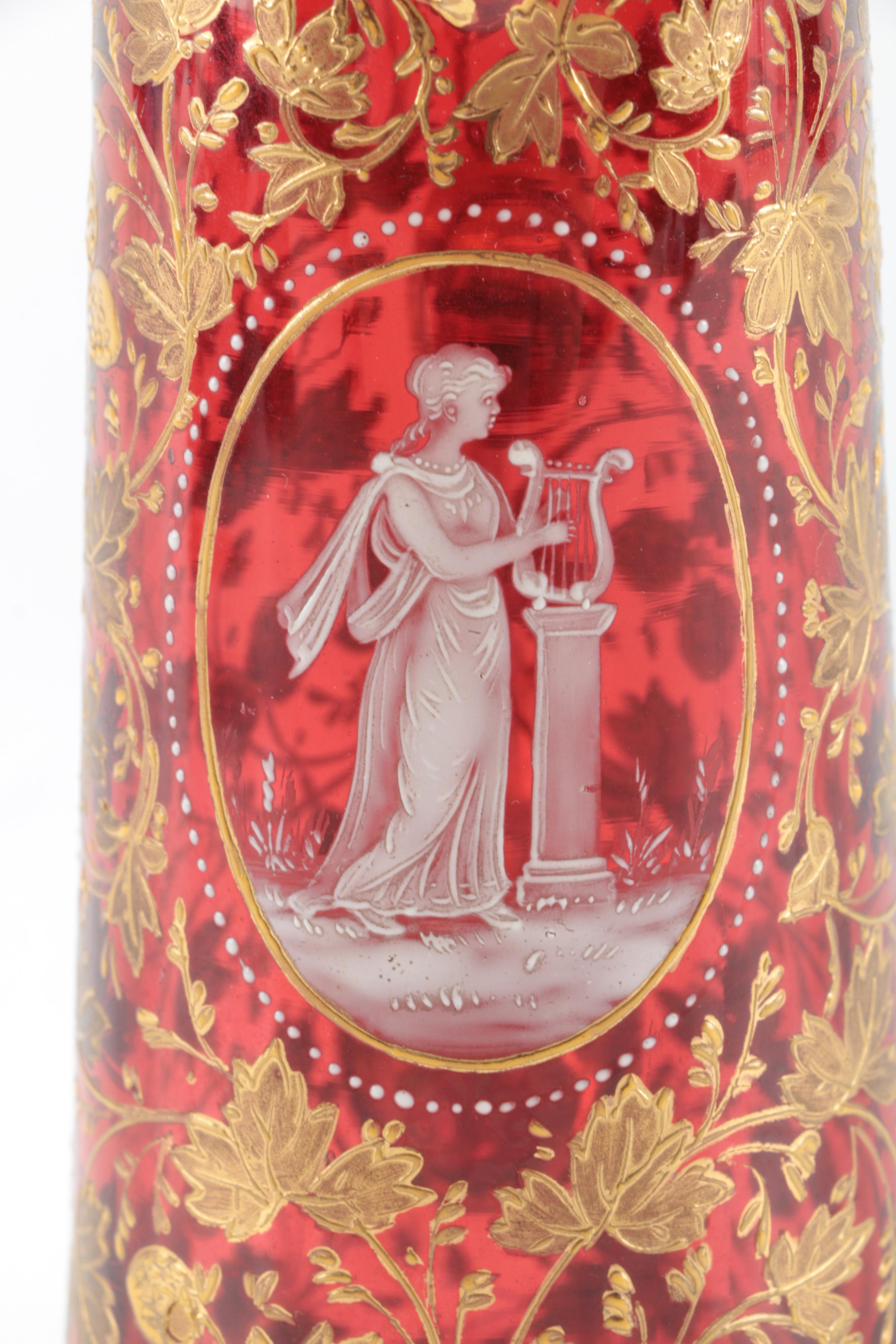 Mary Gregory Style Gilt Enameled Cranberry Glass Pitcher, Late 19th/Early 20th C