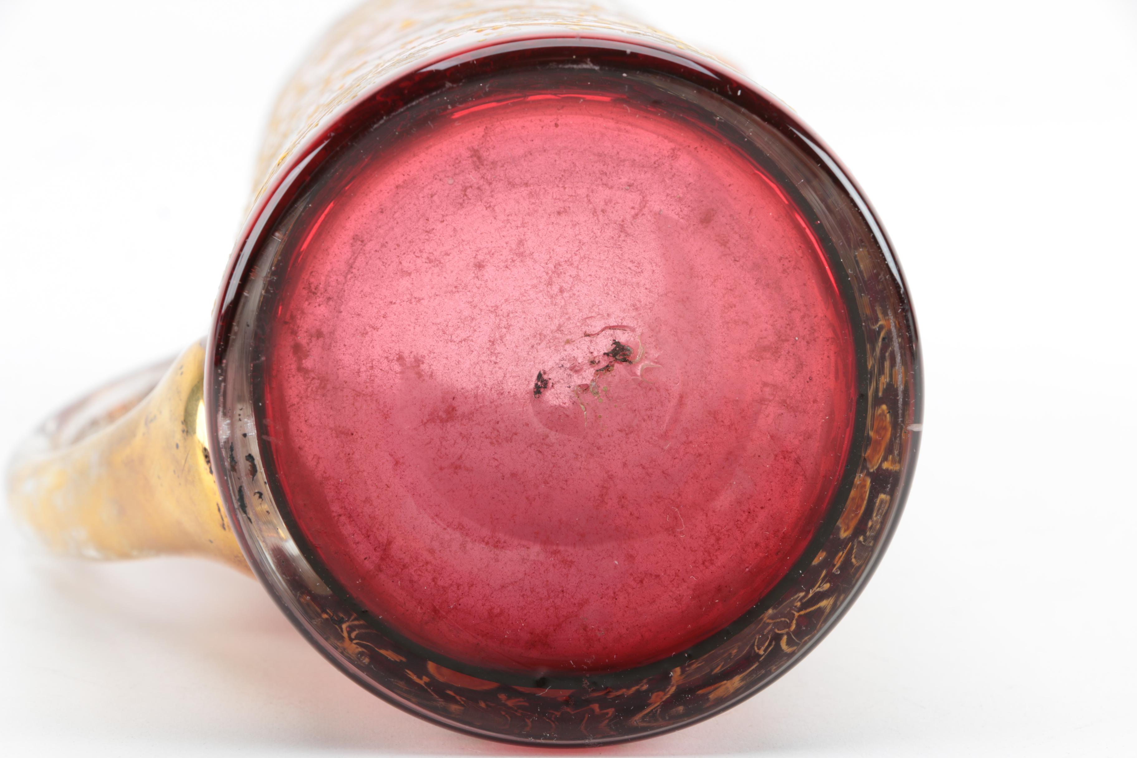 Mary Gregory Style Gilt Enameled Cranberry Glass Pitcher, Late 19th/Early 20th C