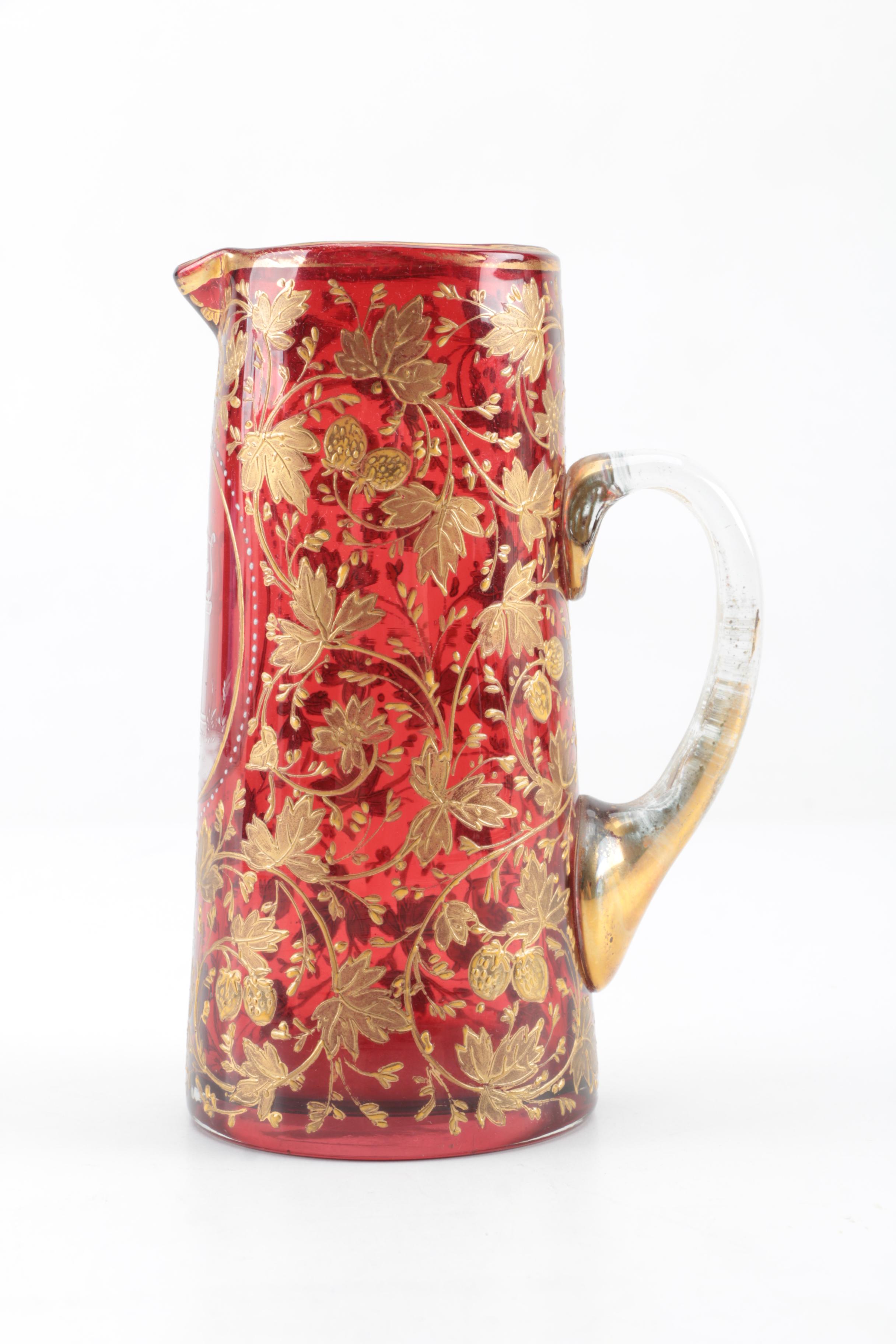 Mary Gregory Style Gilt Enameled Cranberry Glass Pitcher, Late 19th/Early 20th C