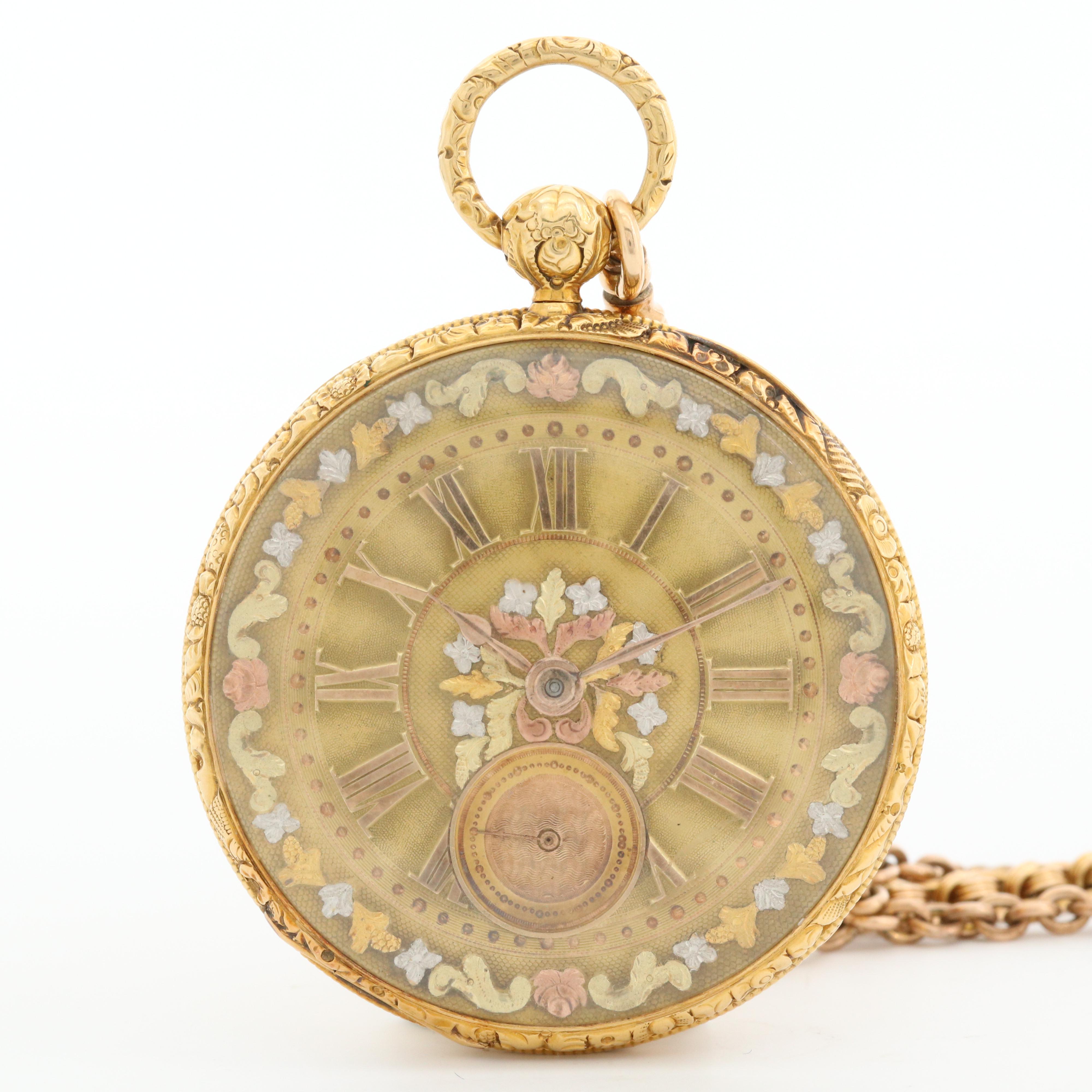 Antique Aug. Gros Claude 18K Gold Key Wind Open Face Pocket Watch With Fob Chain