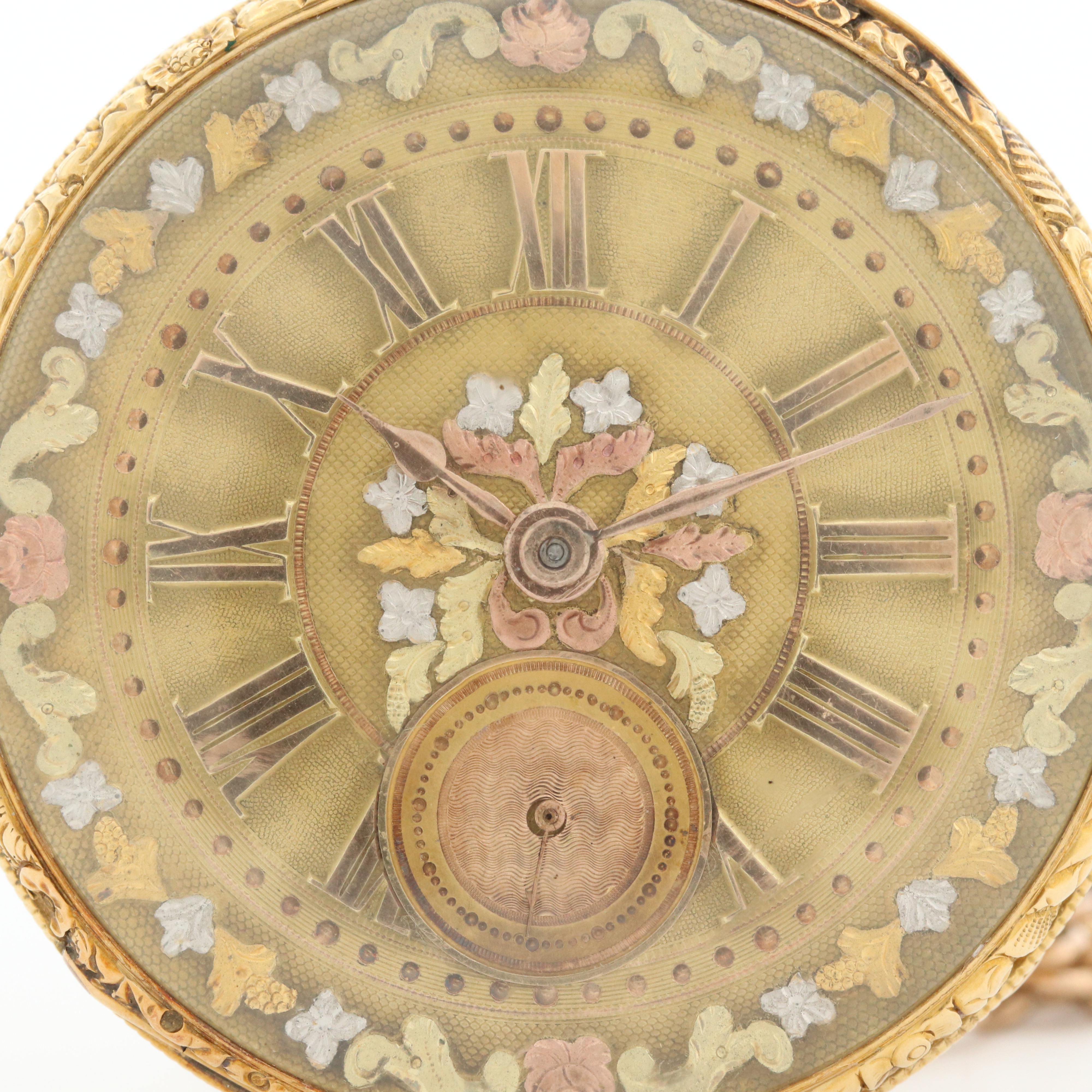 Antique Aug. Gros Claude 18K Gold Key Wind Open Face Pocket Watch With Fob Chain