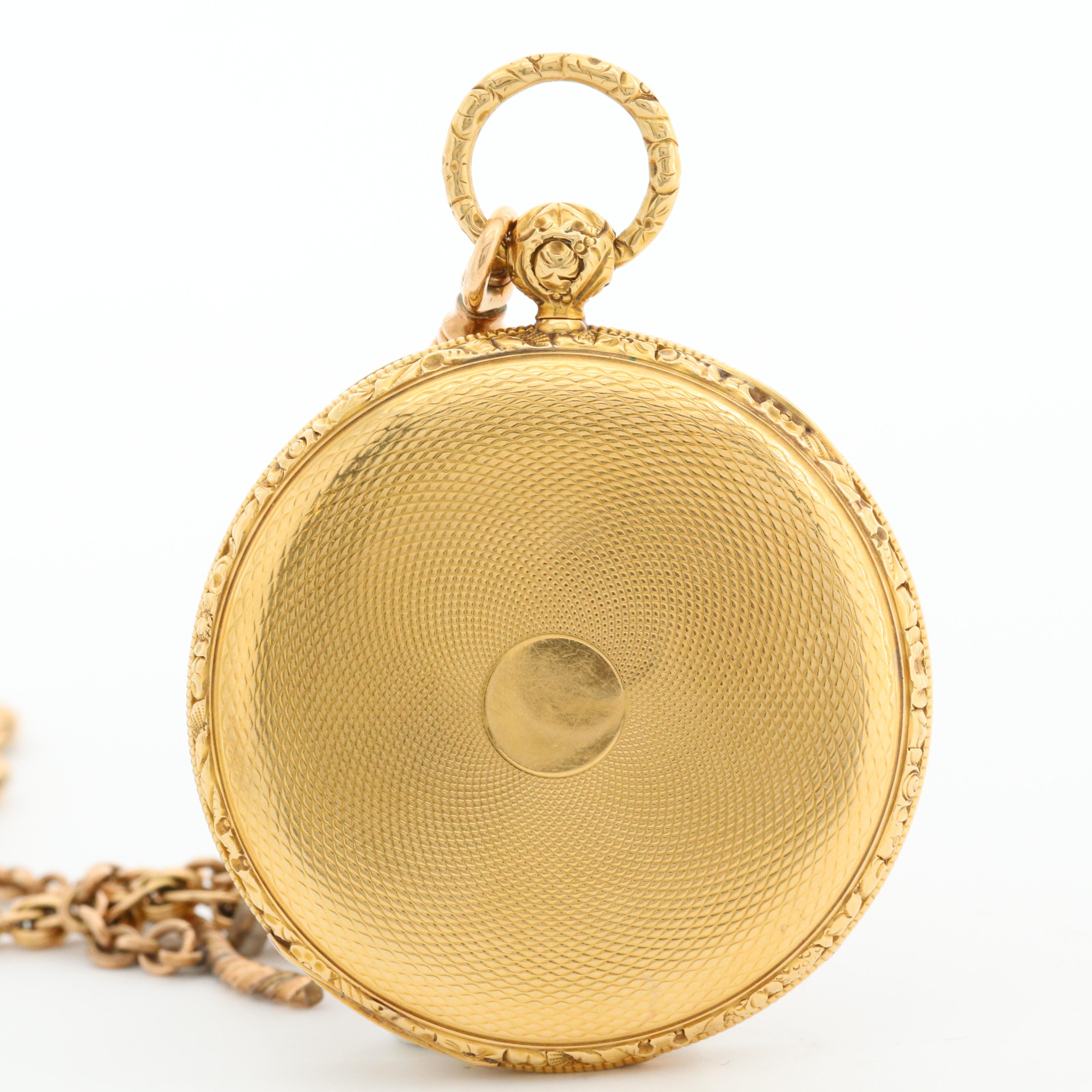 Antique Aug. Gros Claude 18K Gold Key Wind Open Face Pocket Watch With Fob Chain