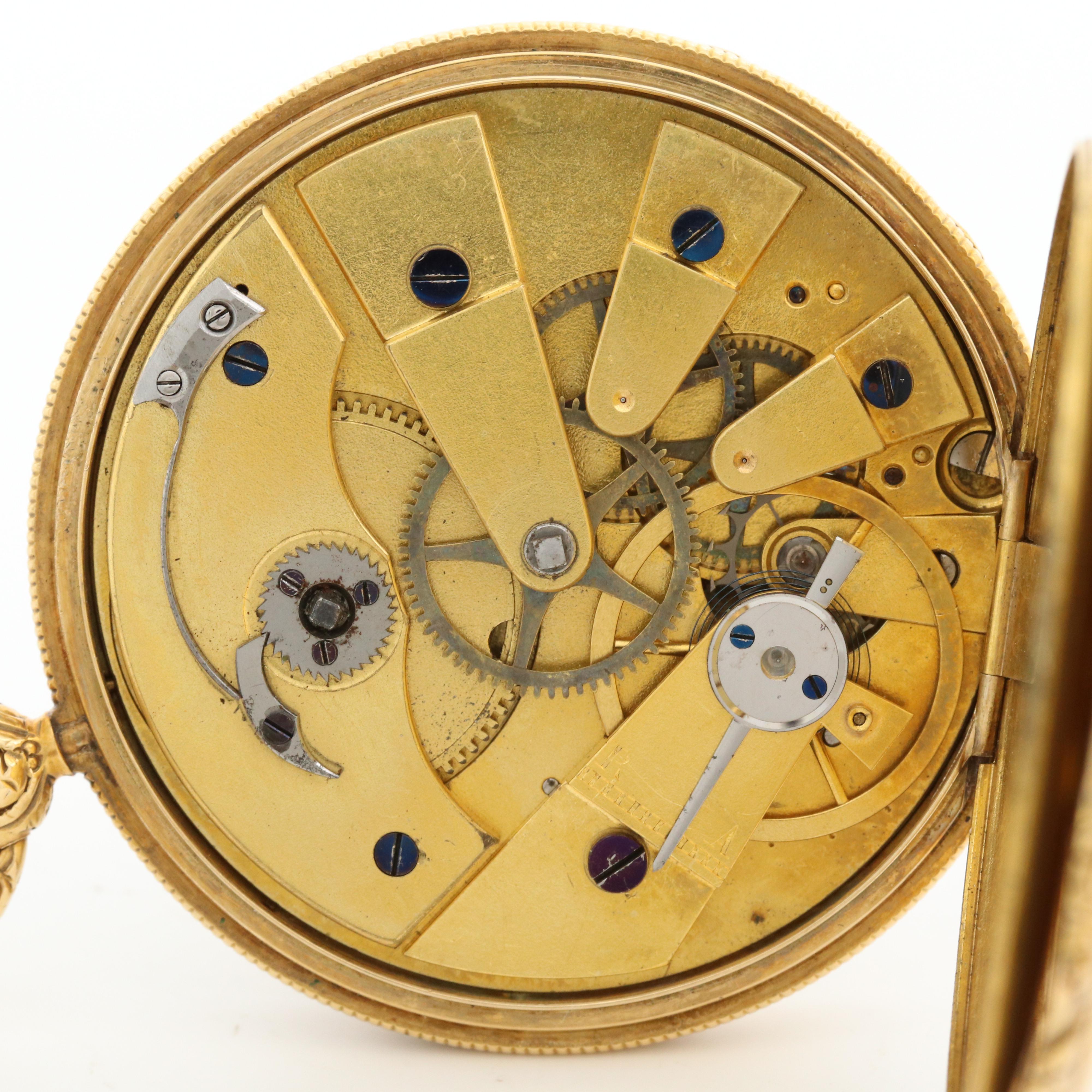 Antique Aug. Gros Claude 18K Gold Key Wind Open Face Pocket Watch With Fob Chain