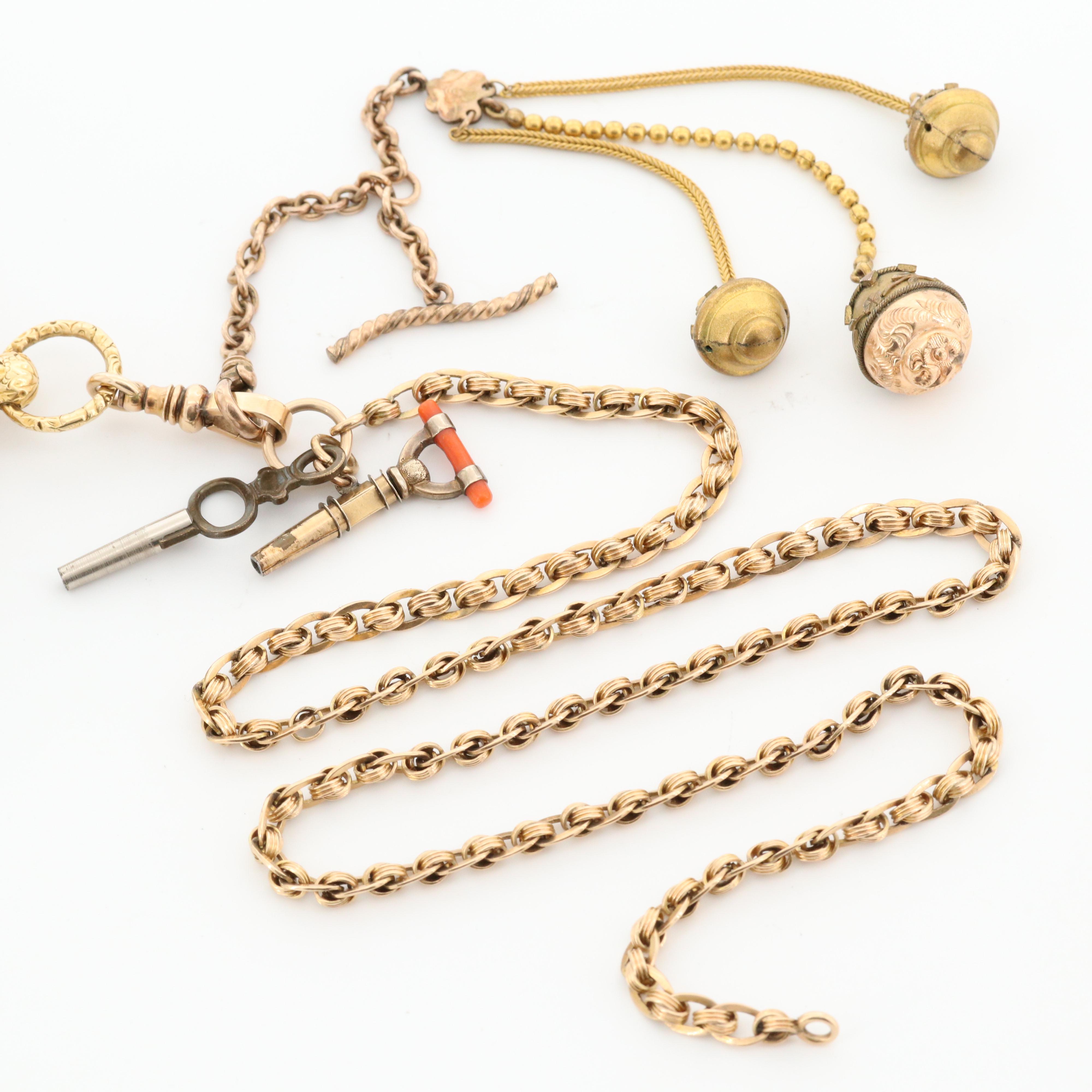 Antique Aug. Gros Claude 18K Gold Key Wind Open Face Pocket Watch With Fob Chain