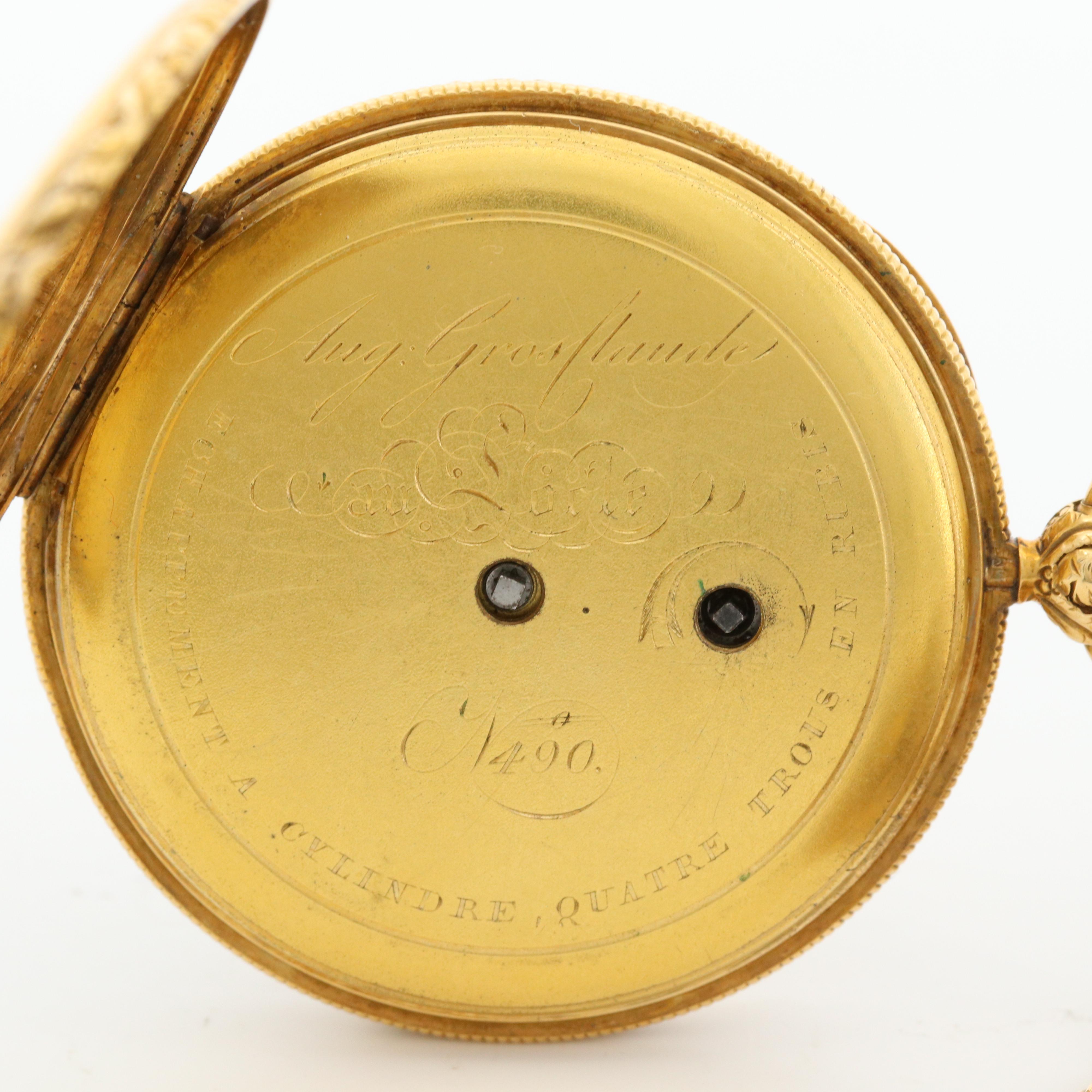 Antique Aug. Gros Claude 18K Gold Key Wind Open Face Pocket Watch With Fob Chain
