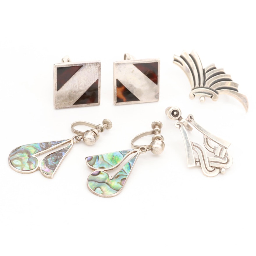 Taxco Mexican Sterling Silver Abalone and Resin Earrings and Cufflinks