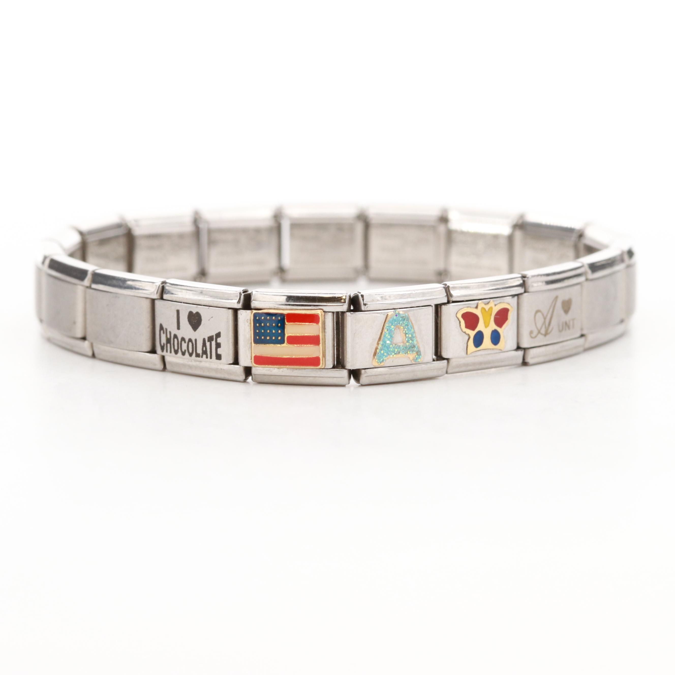 Stainless Steel Expendable Italian Charm Bracelet with Five Charms